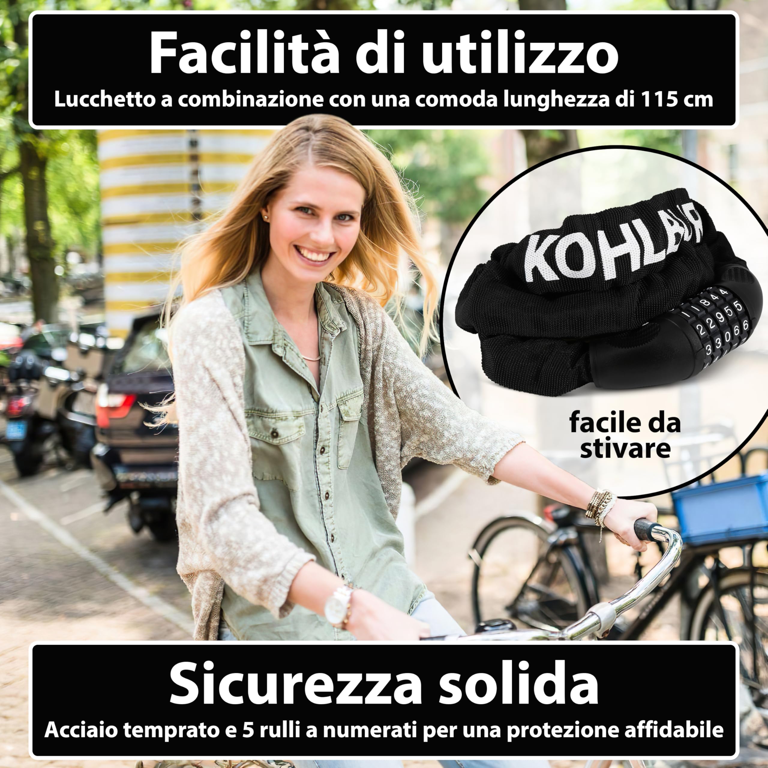 KOHLBURG lucchetto a combinazione molto lungo, 115 cm di lunghezza e 6 mm di spessore con codice numerico - lucchetto a catena con combinazione numerica - lucchetto di sicurezza per bicicletta