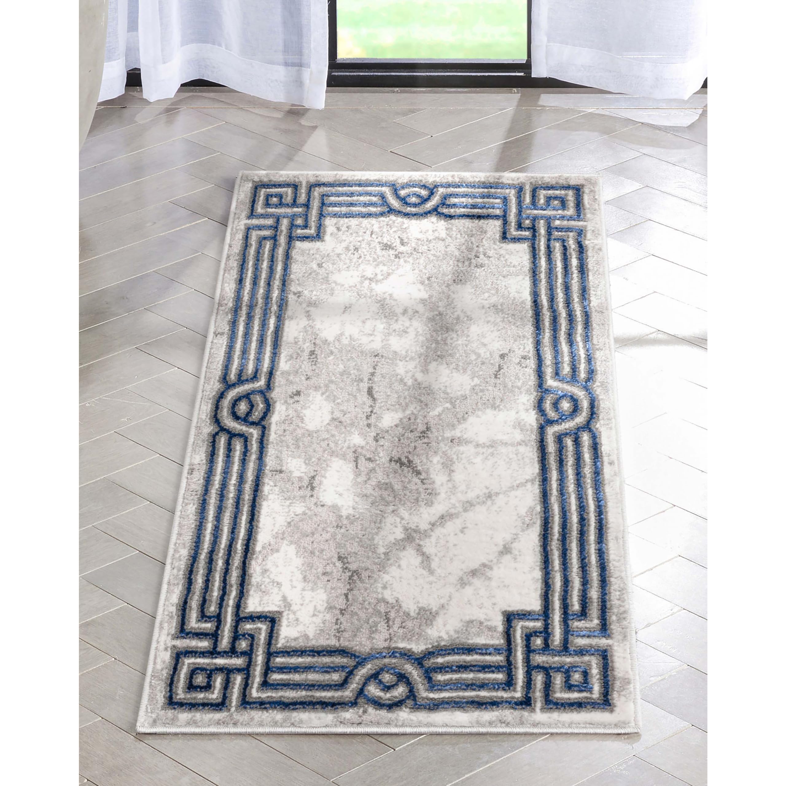 Well Woven Lezlee Abstract Modern 2' x 3' Area Rug - Blue Marble Border - for Entryway, Office, Accent