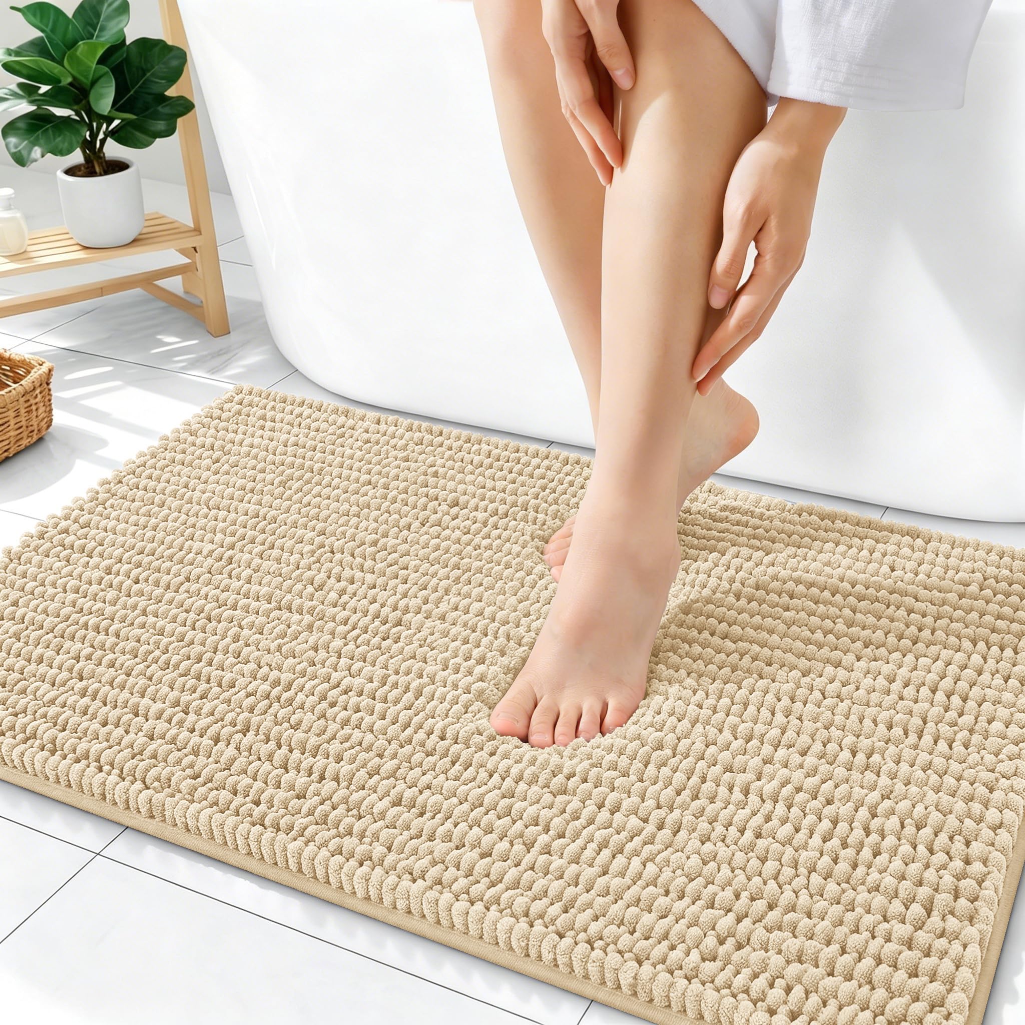 OLANLY Thick Chenille Bathroom Rugs 36x24, Soft Absorbent Bath Mat, Beige