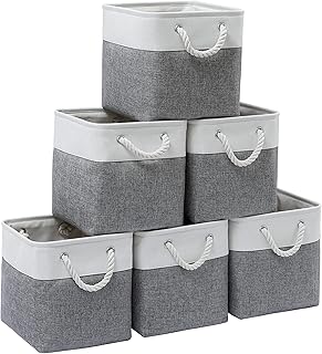 MidmmVick 11 x 11 Inch Cube Storage Bins, 6 Pack Large Collapsible Fabric Storage Bin with Ropes, Foldable Storage Cubes for Home, Office,Closet, Clothes, Toys Organizer (White & Grey-11"x11"x11")