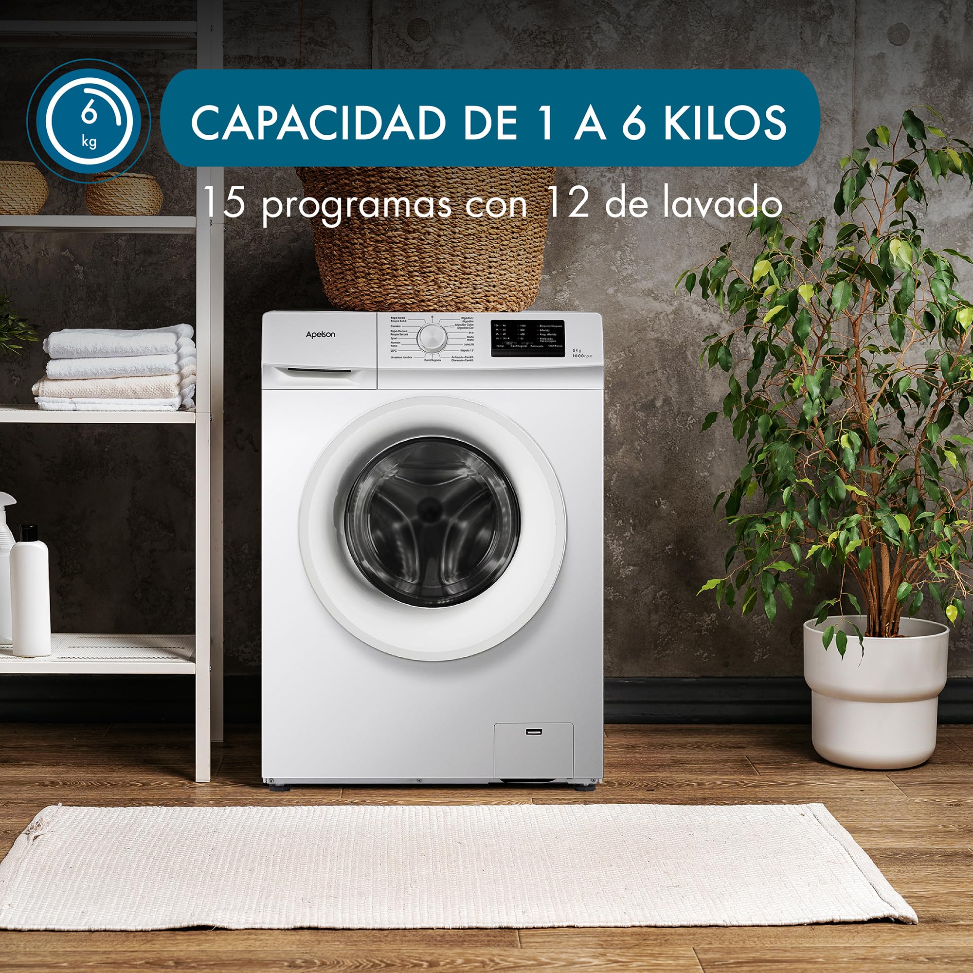 Apelson Lavadora de Carga Frontal AWM 6000 WH, 6 kg, 1000 rpm, 15 Programas de Lavado, Inicio Diferido hasta 12 h, Programas Rápido 15 min y Bebé, Libre Instalación, Color Blanco