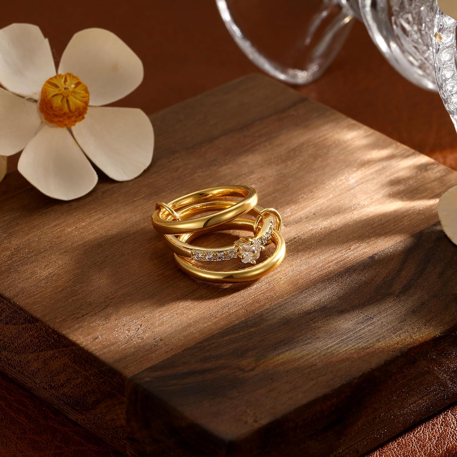 Gold Rings for Women Non Tarnish Stackable 14K Gold Plated Interlocking Stack Set Metal Statement Rings Dainty Cubic Zirconia CZ Fashion Connected Band Thumb Size 6-10 Jewelry Gift for Women - Image 4