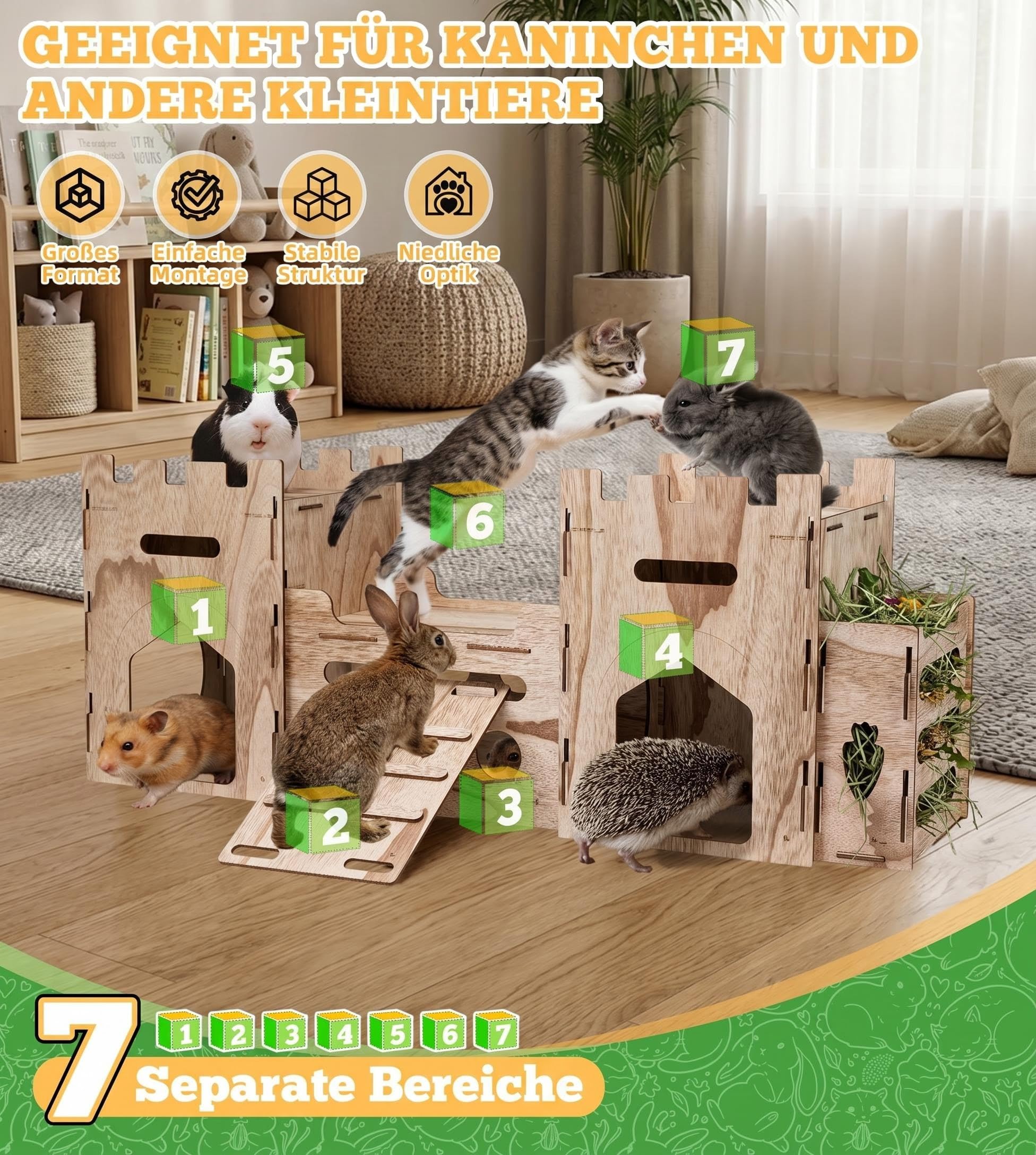 HIIMALEX Bunny Castle Spielhaus, mehrstöckiger Kletterturm mit Tunnelversteck für Kaninchen, belüftet, stabiles Anreicherungsspielzeug, Innenraum, mit Rampe (Walnußfarbe 1T)