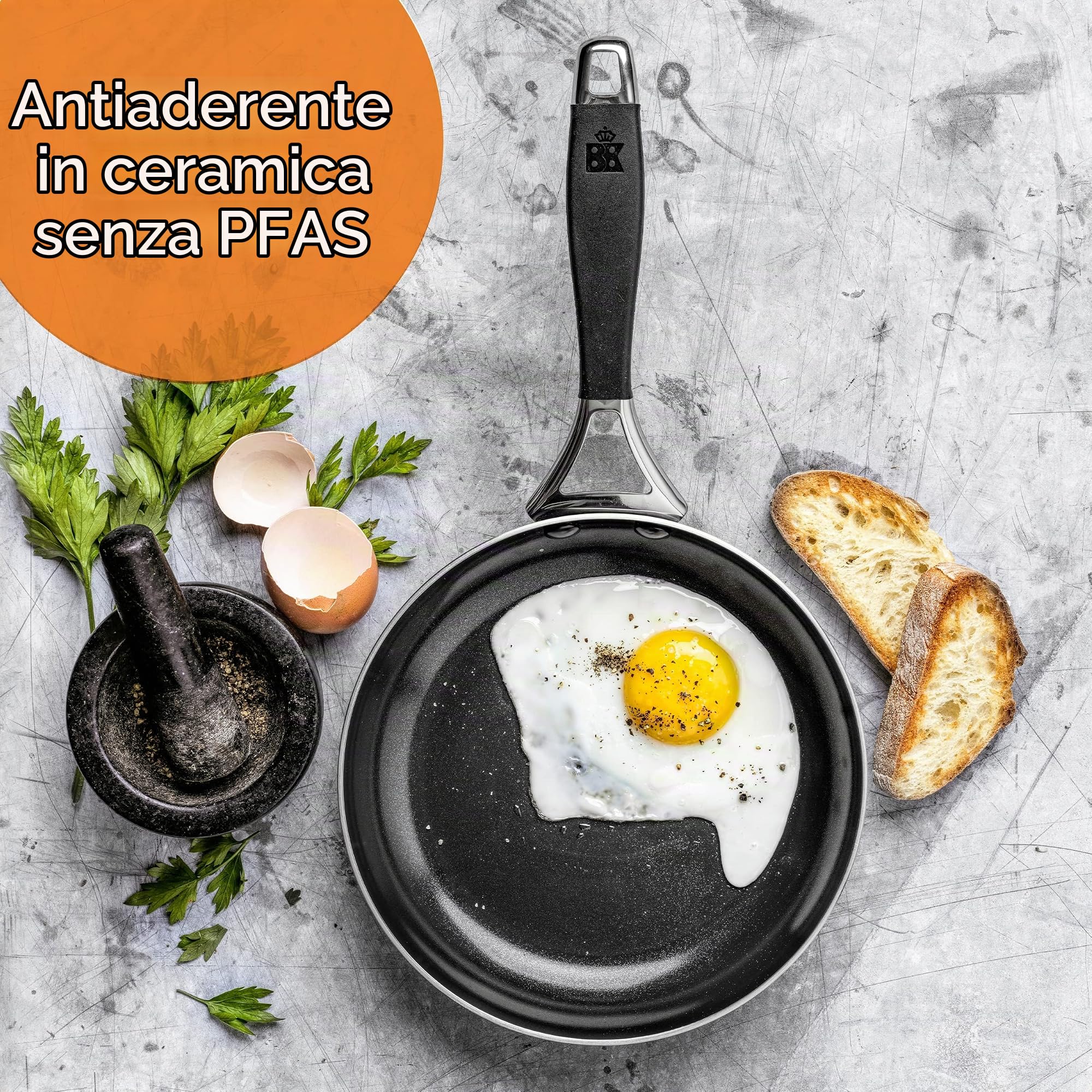 BK Intelligence Padella in Acciaio Inox con Rivestimento Antiaderente in Ceramica Senza PFAS, 28 cm, Induzione, Maniglia Fredda, Lavabile in Lavastoviglie, Sicuro al Forno, Argento e Nero