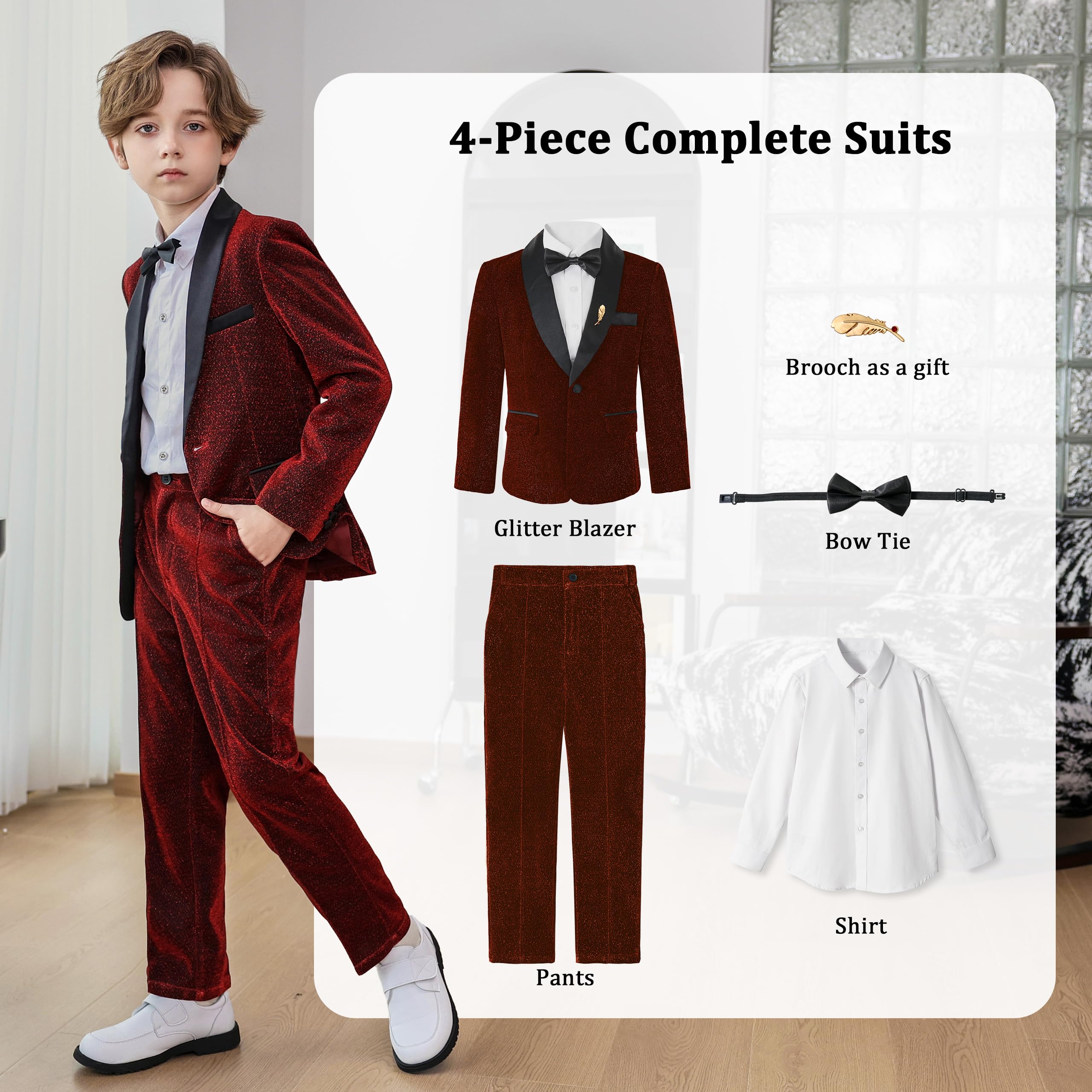 LOLANTA Traje de 4 Piezas para Niño, Set Smoking para Niños, Traje Brillante para Fiesta o Prom, Traje de PAJE para Boda con Blazer, Pantalones, Camisa y Pajarita