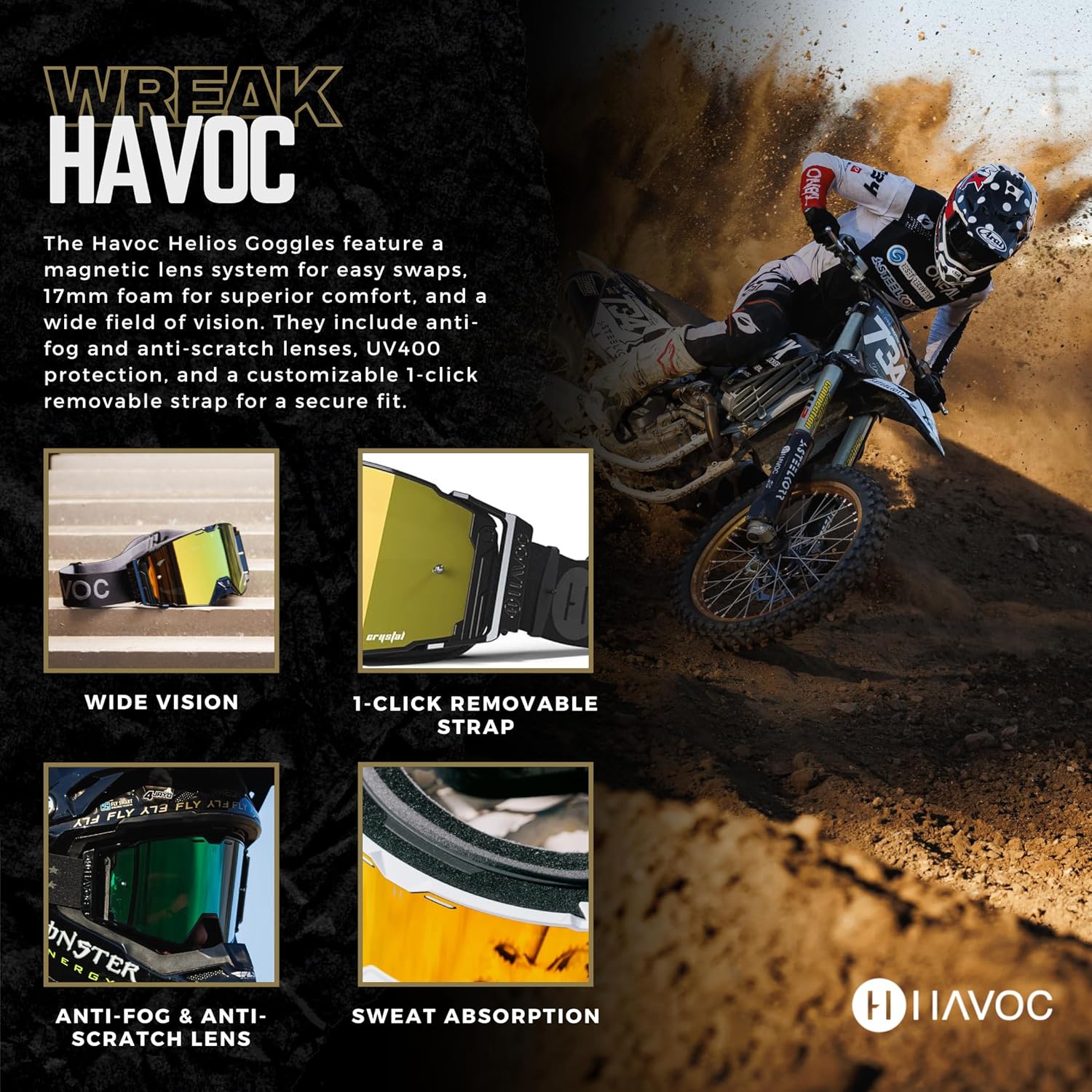 Havoc Racing Helios Goggles - For Motocross, Dirt Biking, ATV, & UTV - UV Blocking Anti-Fog Goggles - Image 4