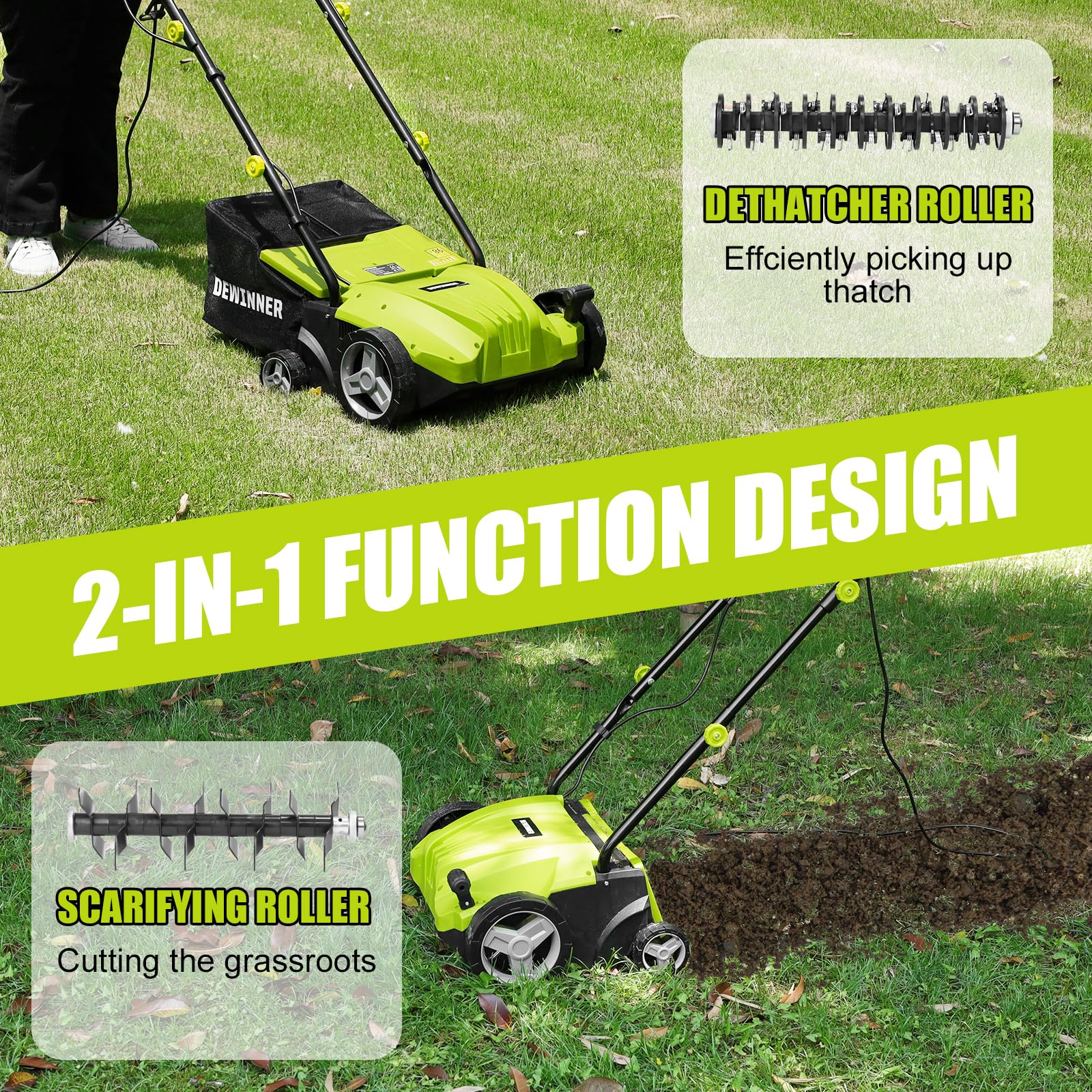 DEWINNER 1500W Scarificateur émousseur électrique, 2 en 1 Scarificateur AéRateur électrique, 3200 TR/Min, avec 2 Lames De Rechange Incluses, Bac Ramassage 30L, Profondeur Réglable-4 Profondeurs