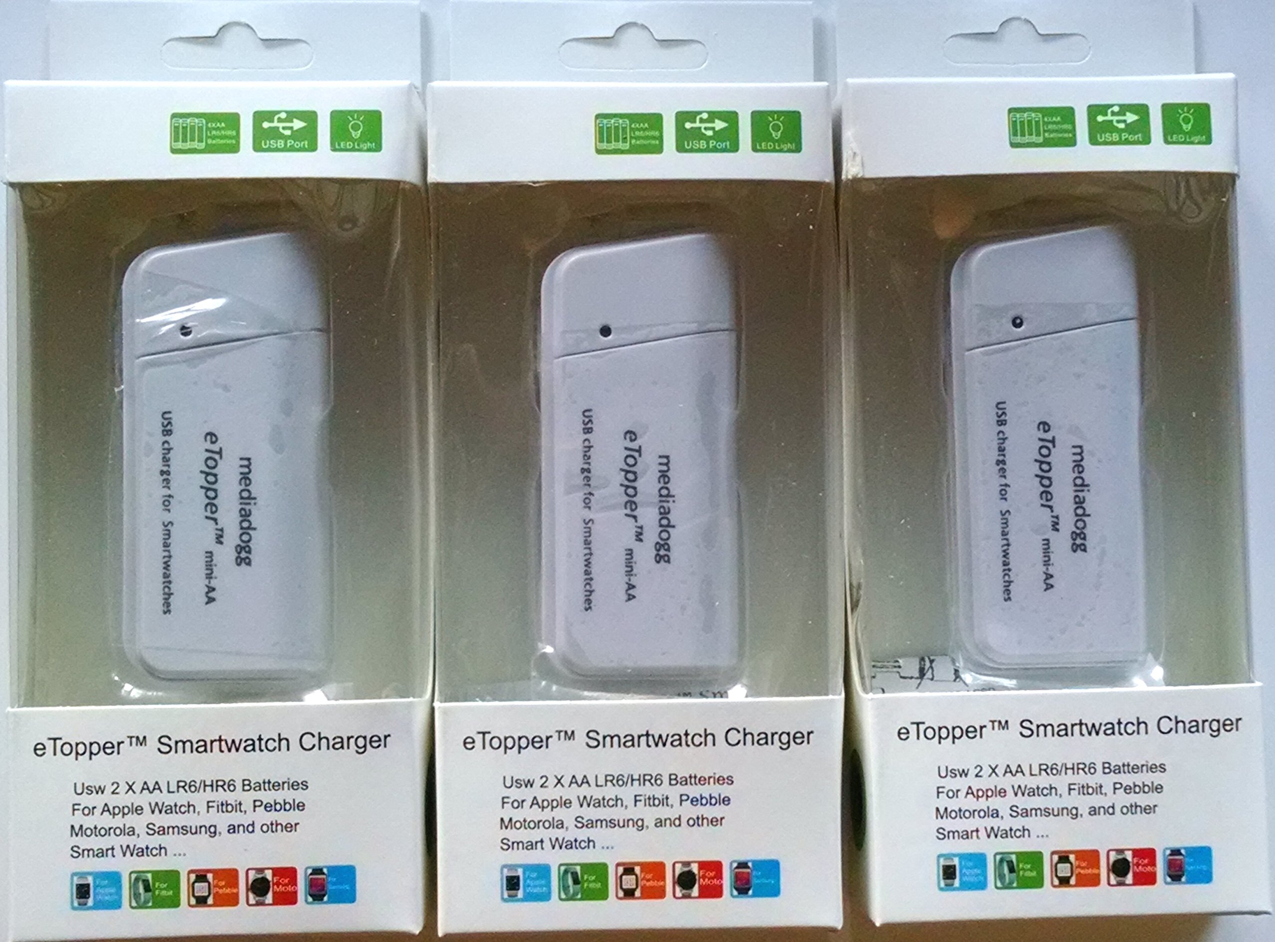 Smartwatch, Golf Watch and Hearing Aid Charger - Portable 2 x AA USB Charger with Built-in Light (White - 3 Pack)