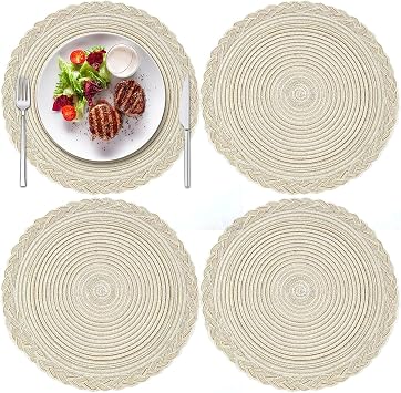 12 Inch Placemats,Round Braided Placemats Set of 4,Washable Heat Resistant Cotton Polyester Circle Place Mats for Kitchen Dinner Party Table Decoration,Tip Choose the Right Size as Needed.