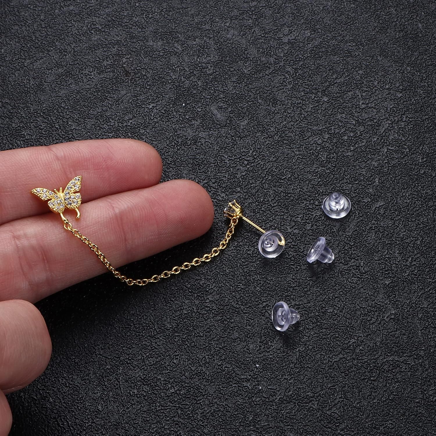 THUNARAZ 4 Pairs Trendy Chain Earrings for Women 14K Gold Plated Double Piercing Butterfly Dangle Hoop Earrings Sparkled CZ Chain Hoop Cartilage Studs Earrings Set - Image 6