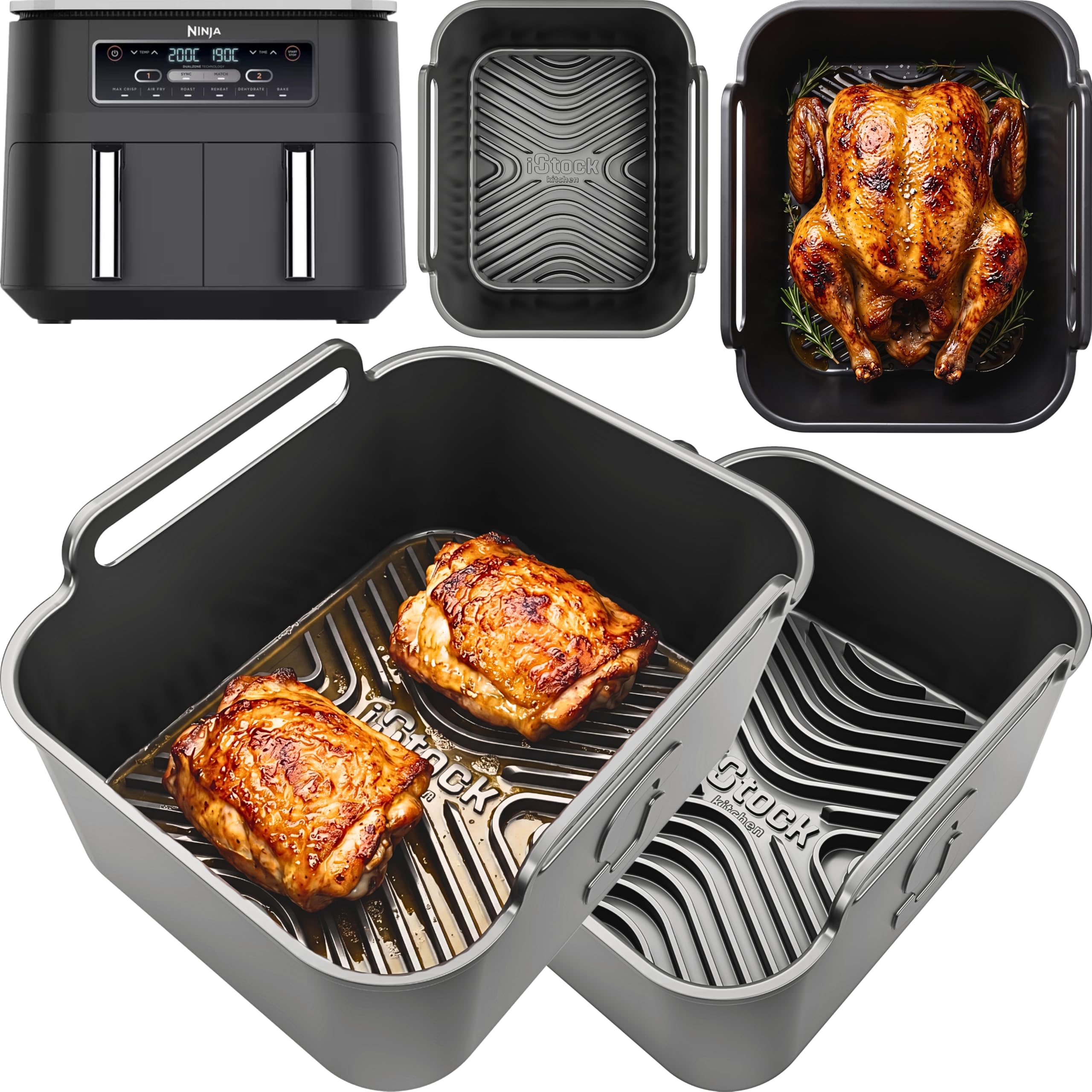 AirFlow Pro™ Ninja 7.6L AF300UK Silicone Liners | Glove-Like Fit for Ninja AF300UK | 15mm Ridges for Crisp AirFlow + 3mm Thick | Dishwasher Safe | Ninja AF300UK Accessories 2PCS | by iStock Kitchen