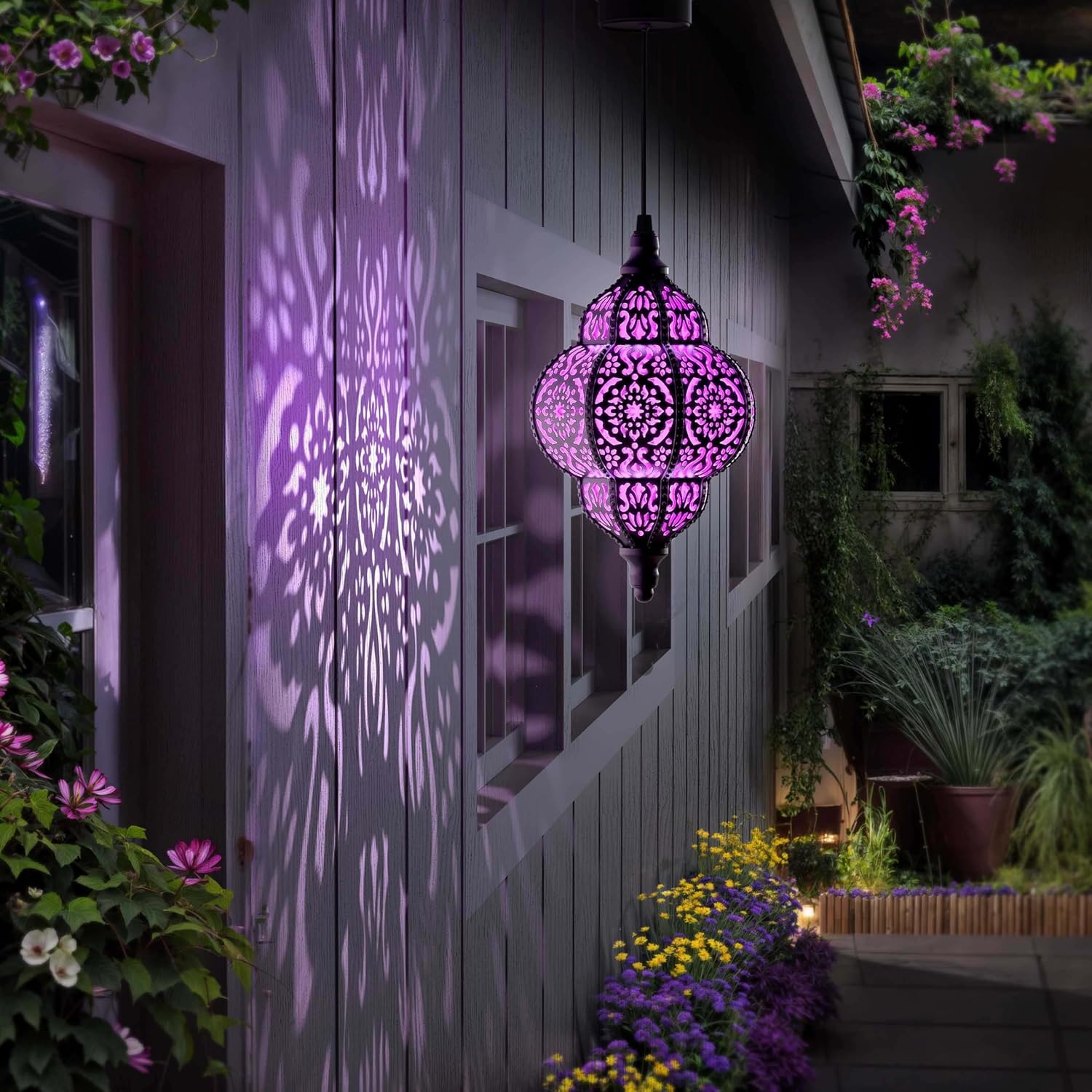 Hanging Solar Lights Outdoor Garden Decor Solar Lantern Waterproof Plastic Moroccan Outdoor Decorations for Patio Pathway Yard Backyard Garden Decorative (1, Purple) - Image 7