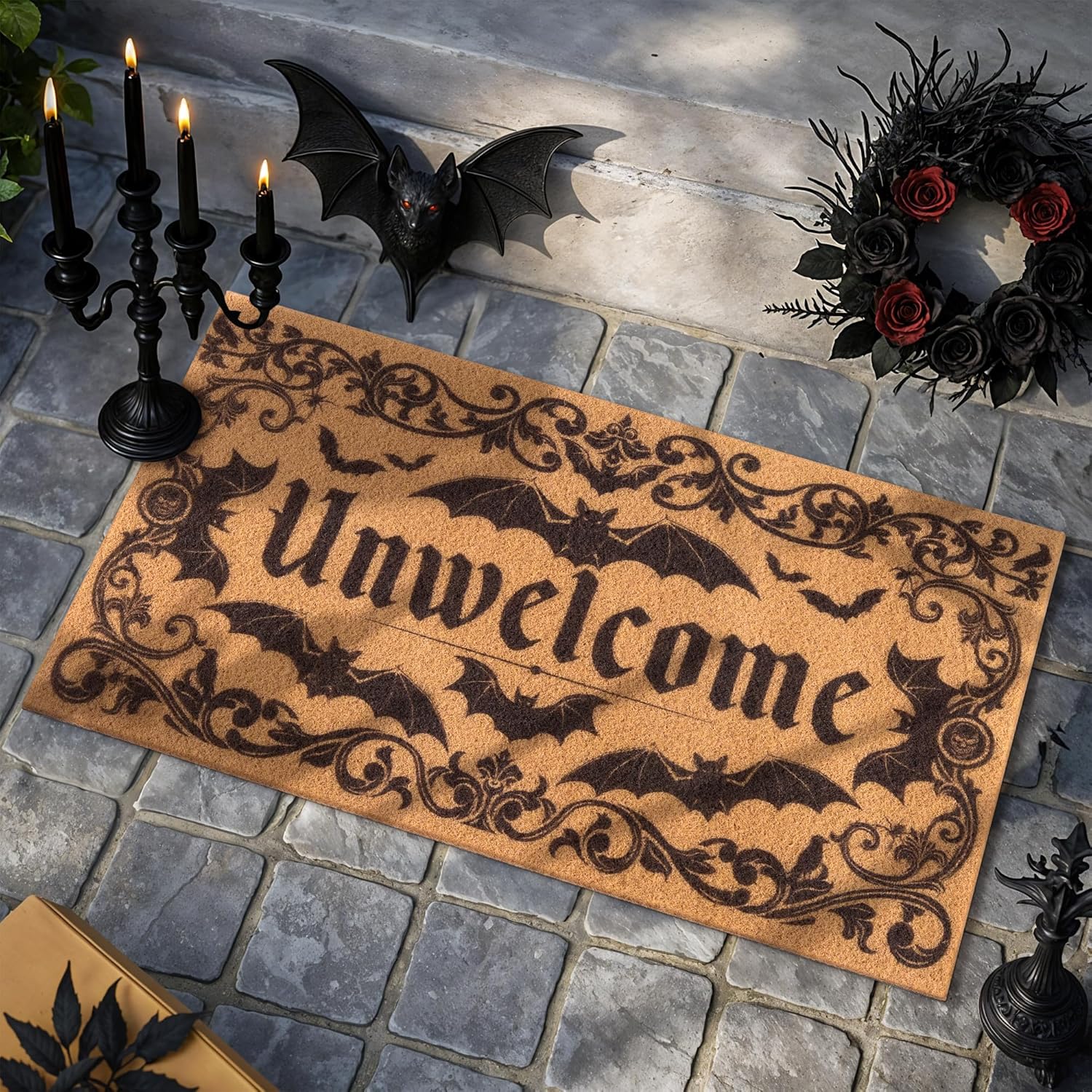 Gothic Bat Door Mat for Front Door, Doormat Outside Entrance with Unwelcome Design, Gothic Decor for Porch and Entryway, Indoor Outdoor Use, 17'' x 29.5'' - Brown