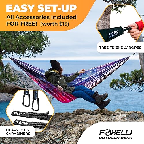 Miniatura 2 de Foxelli Hamaca de camping  Hamaca portátil de nailon de paracaídas ligera con cuerdas de árbol y mosquetones, perfecta para exteriores, mochileros,
