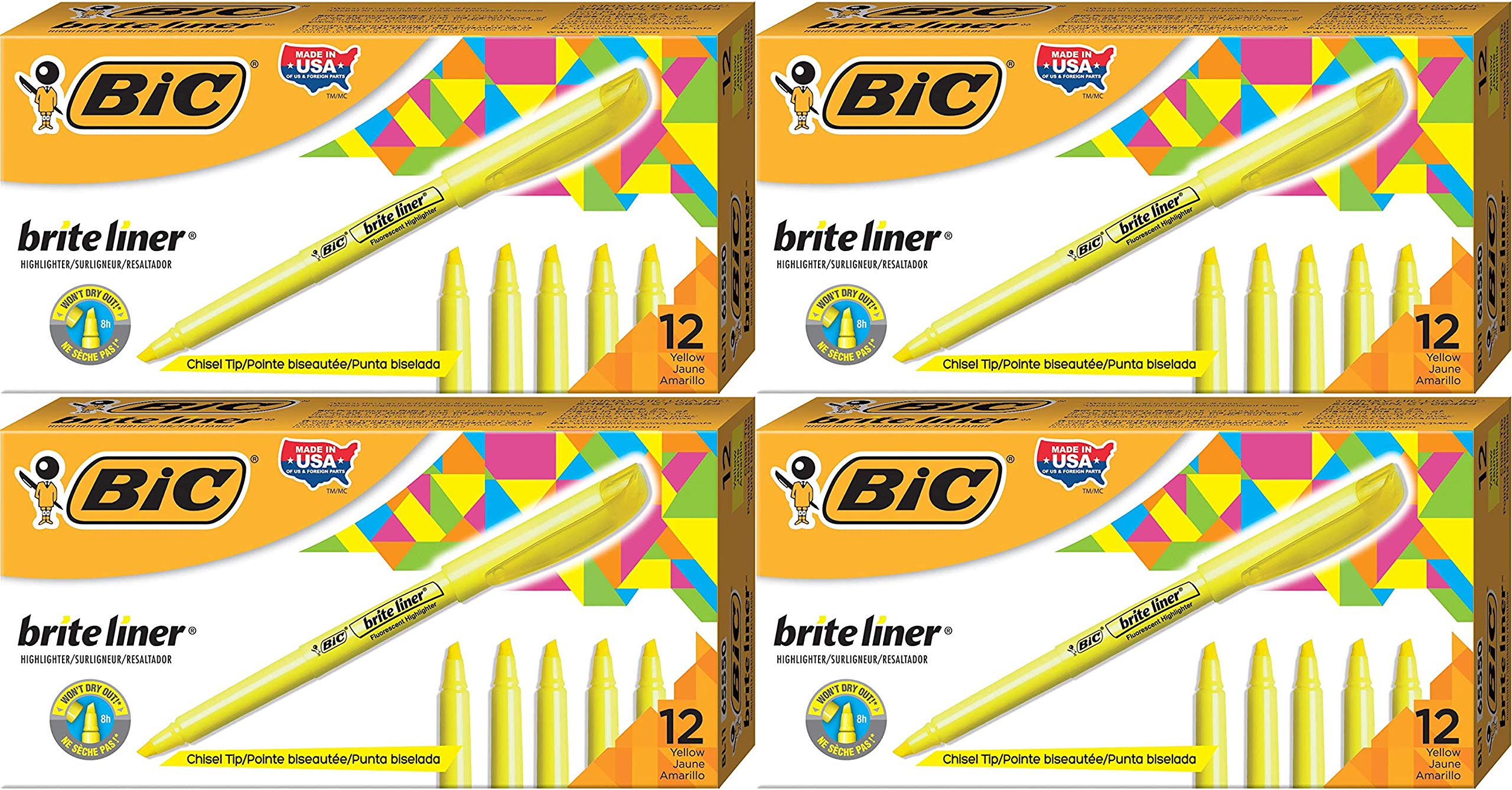 BIC BICBL11YW Brite Liner Highlighter, Chisel Tip, Yellow, 12-Count - 4 Pack