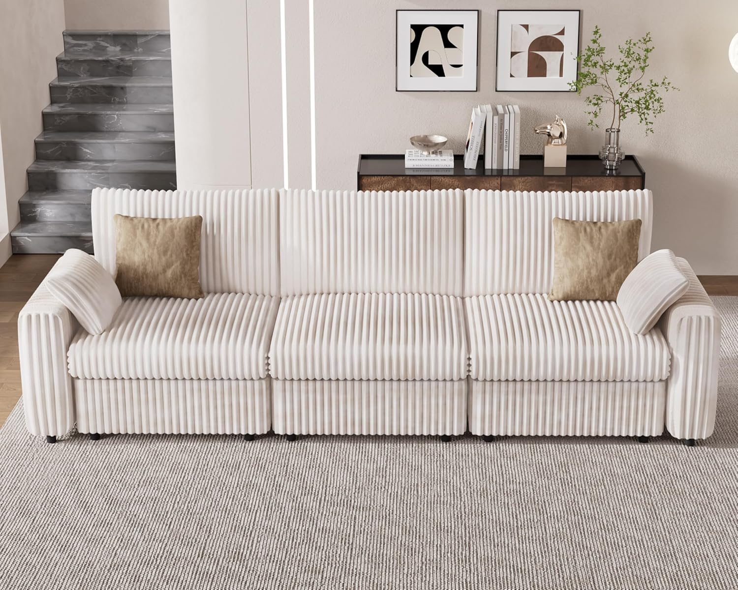 WEUP Extra Large Modular Sectional Sofa with Luxurious Corduroy Upholstery, Modern Oversized Convertible U & L Shaped Sectional Couch with Deep Seat Ottoman, Tool-Free Assembly (Beige, 3 Seats)