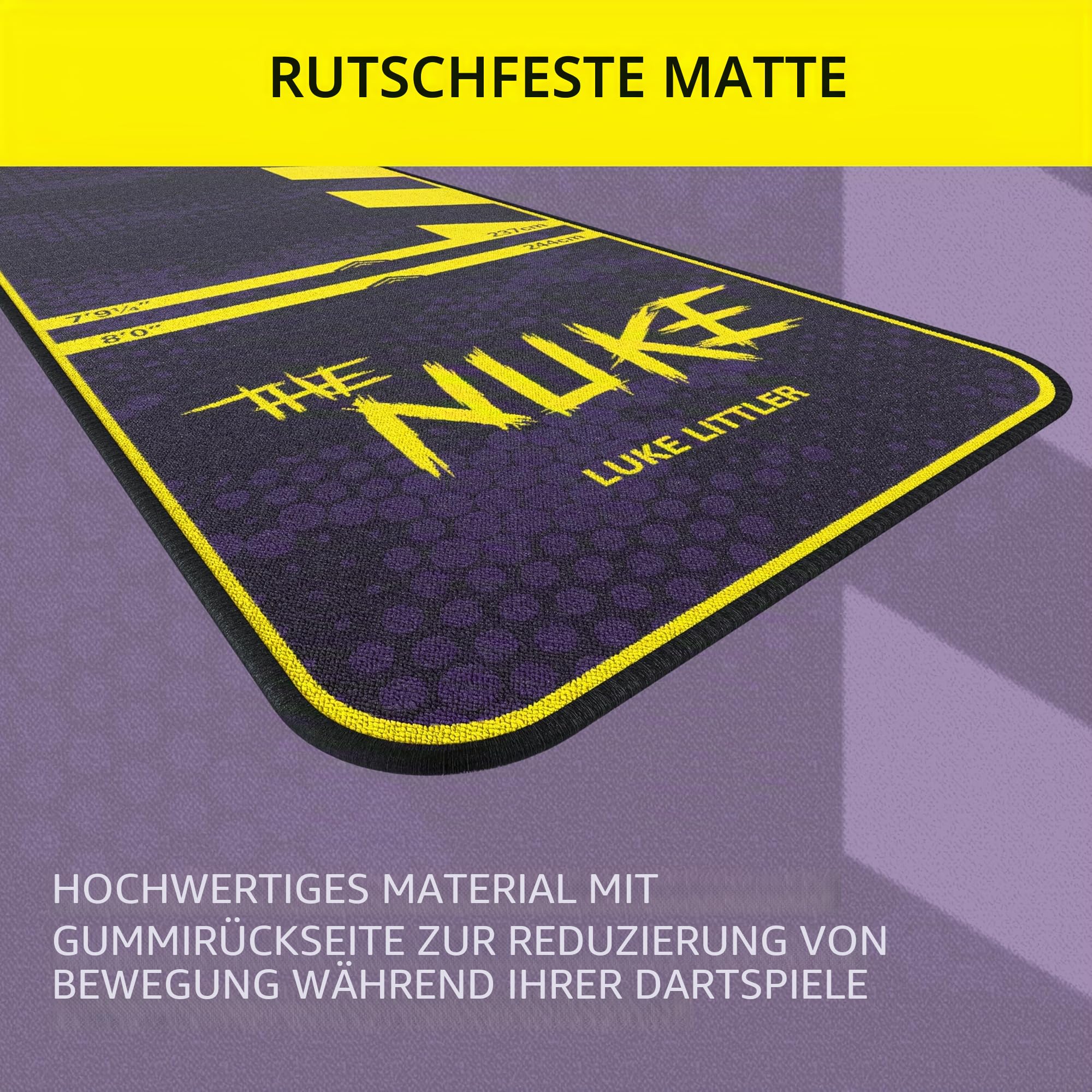 TARGET Darts Luke Littler Dartmatte, The Nuke Darts Matte | Dart Oche Matte mit Soft- und Steeldarts Wurflinienabstände | rutschfeste Teppichmatten für Boden und Dartspitzen Schutz