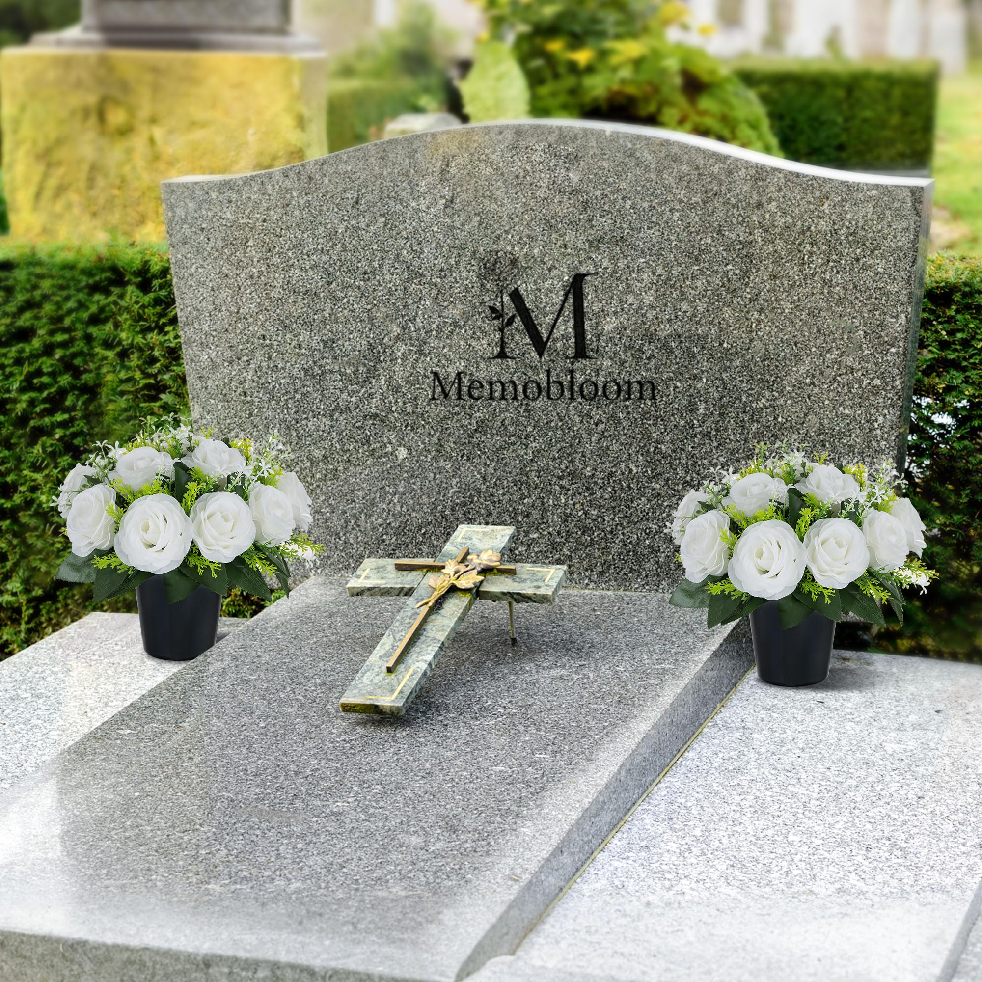 BLOSMON Artificial Grave Flowers Pots: 2 Pcs White Rose Silk Cemetery Flower Funeral Outdoor Decoration Memorial Floral Decorative Graveside Ornaments Fake Bouquet - Image 4