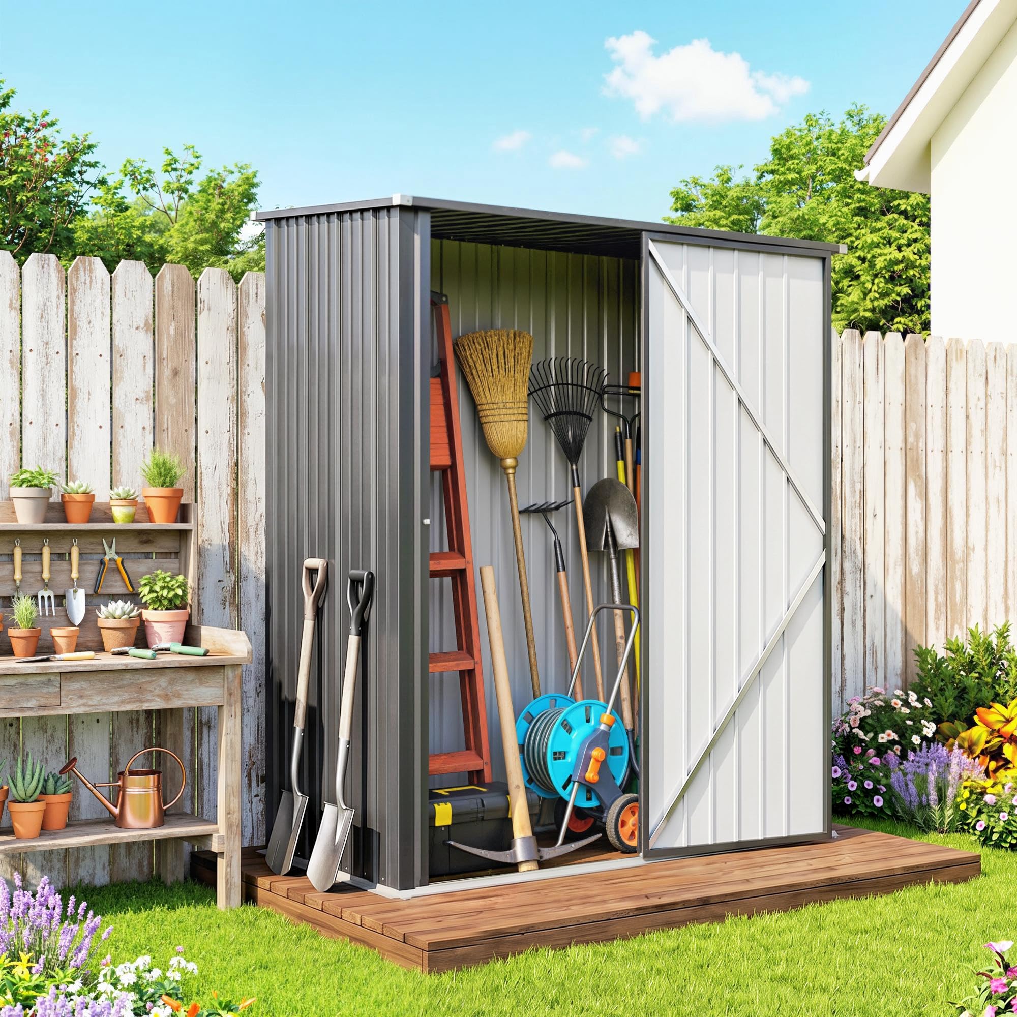 Outsunny schowek narzędziowy z dachem jednospadowym 1,34 m² – zamykany metalowy domek ogrodowy z ocynkowanej stali, czarny, 161,5 x 94,5 x 196 cm