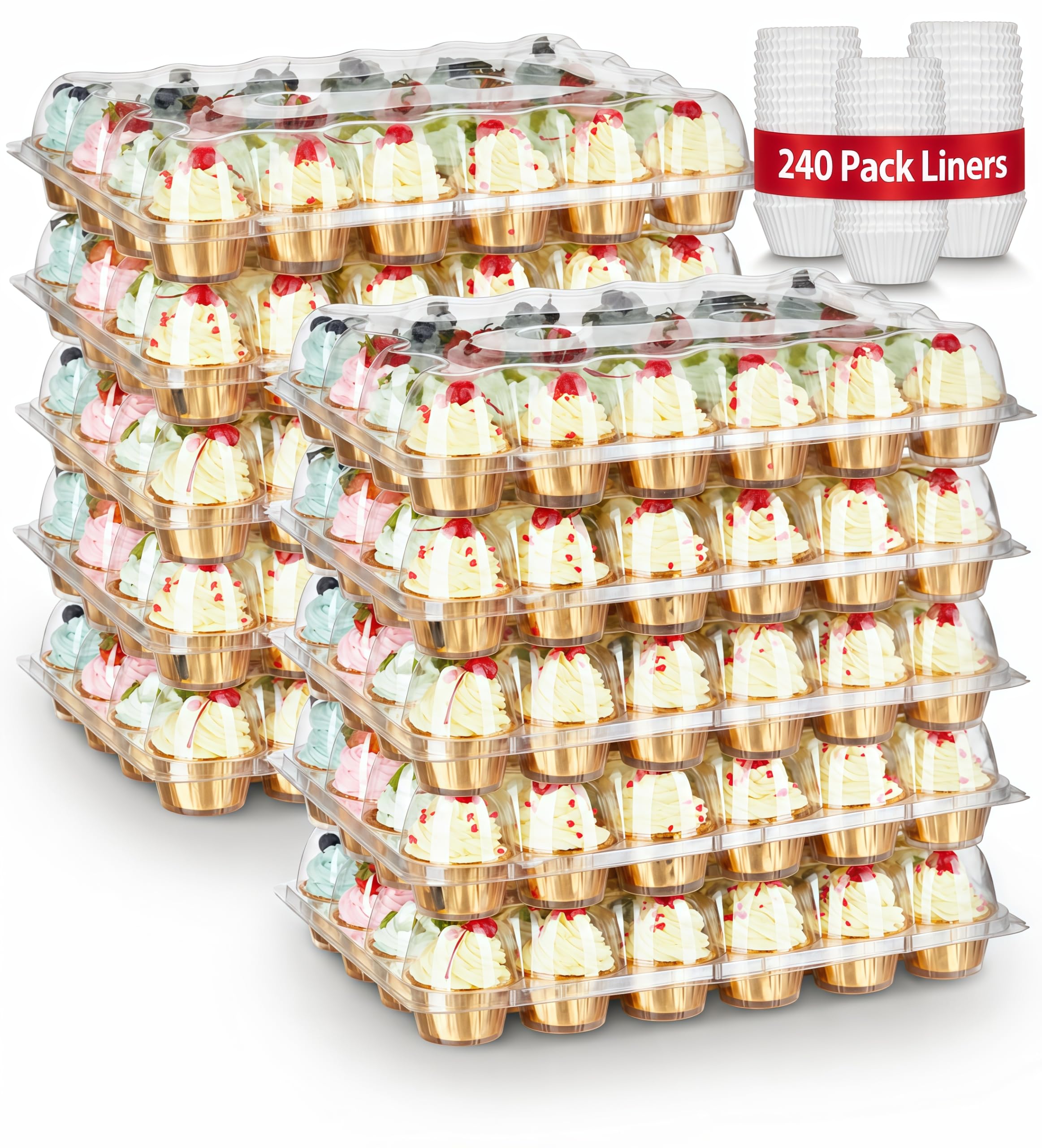 Gencywe (24 Pack x 10 Sets) Stackable Cupcake Carrier Holders with 240 Pack Cupcake Liners, Plastic Cupcake Boxes Holders for 24 Cupcakes, High Tall Dome Lid Cupcake Containers, Clear Cupcake Trays