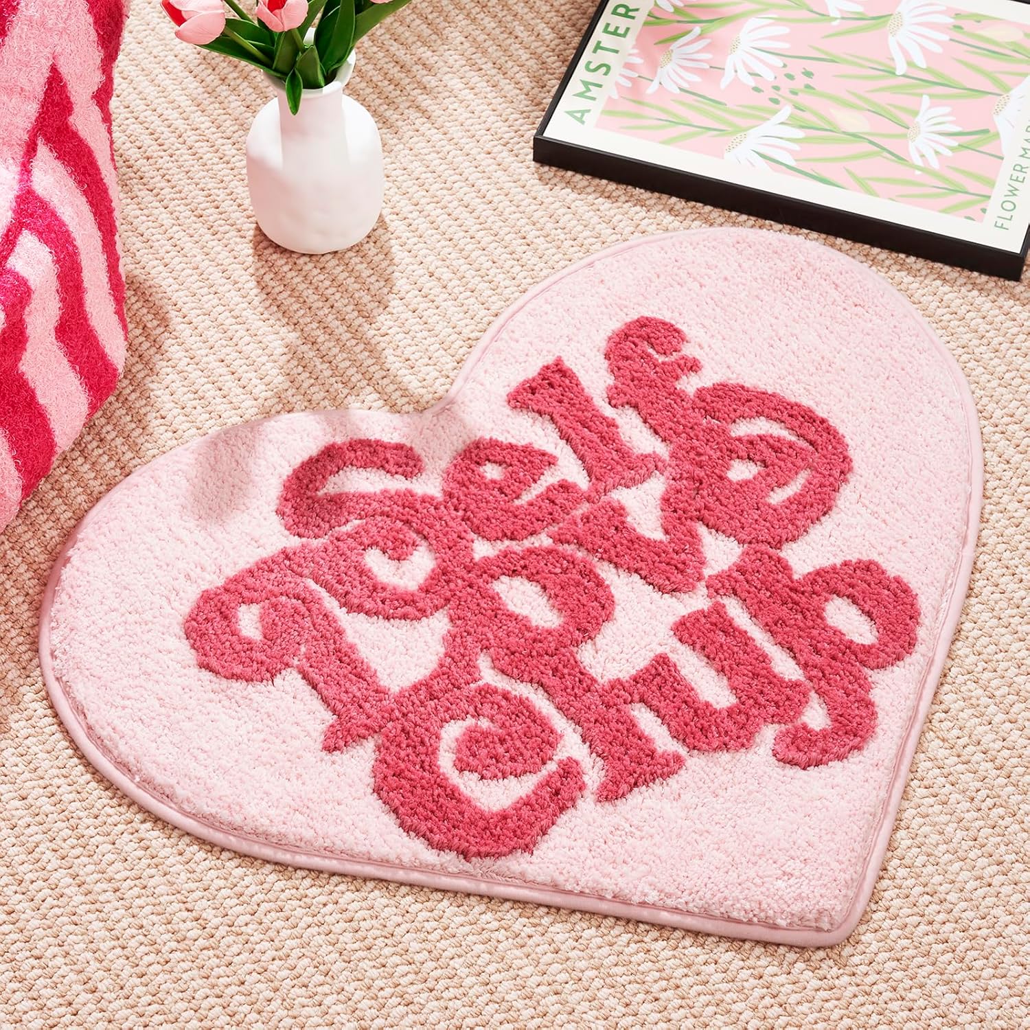 ELDONE Self Love Club Rug Heart Shaped - Cute Bath Mat Non Slip, Funky Aesthetic Groovy Small Accent Rugs for Bedroom Bathroom, Girls Preppy Room Decor, Pink Heart Rug 28"x23"