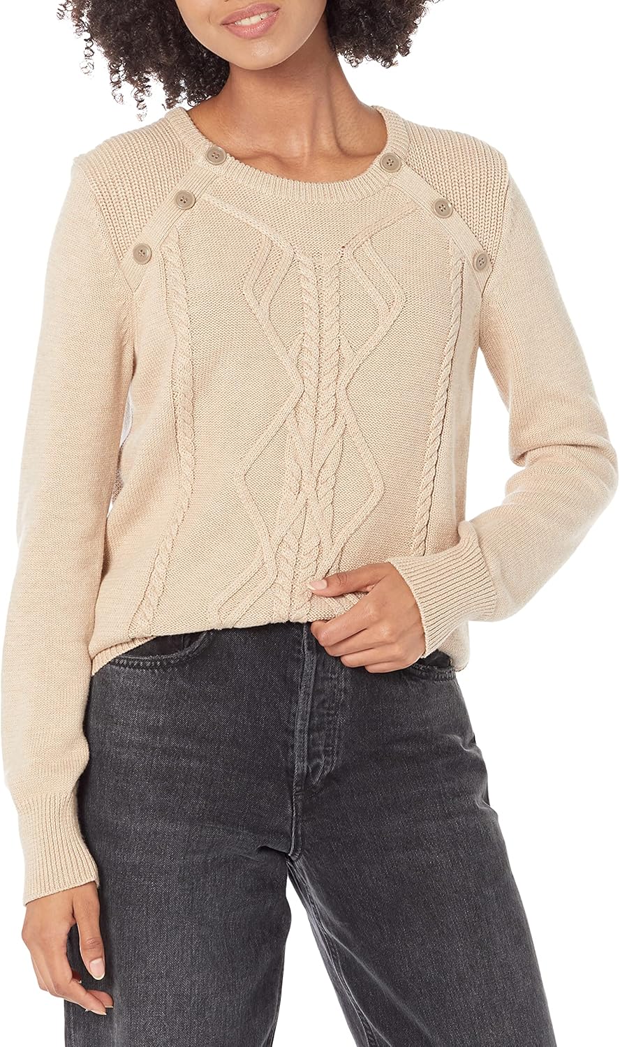 Cable Stitch Women's Raglan Long Sleeve Shaker Stitch Pullover Sweater - Fisherman Rib Knit Crewneck Cotton Top