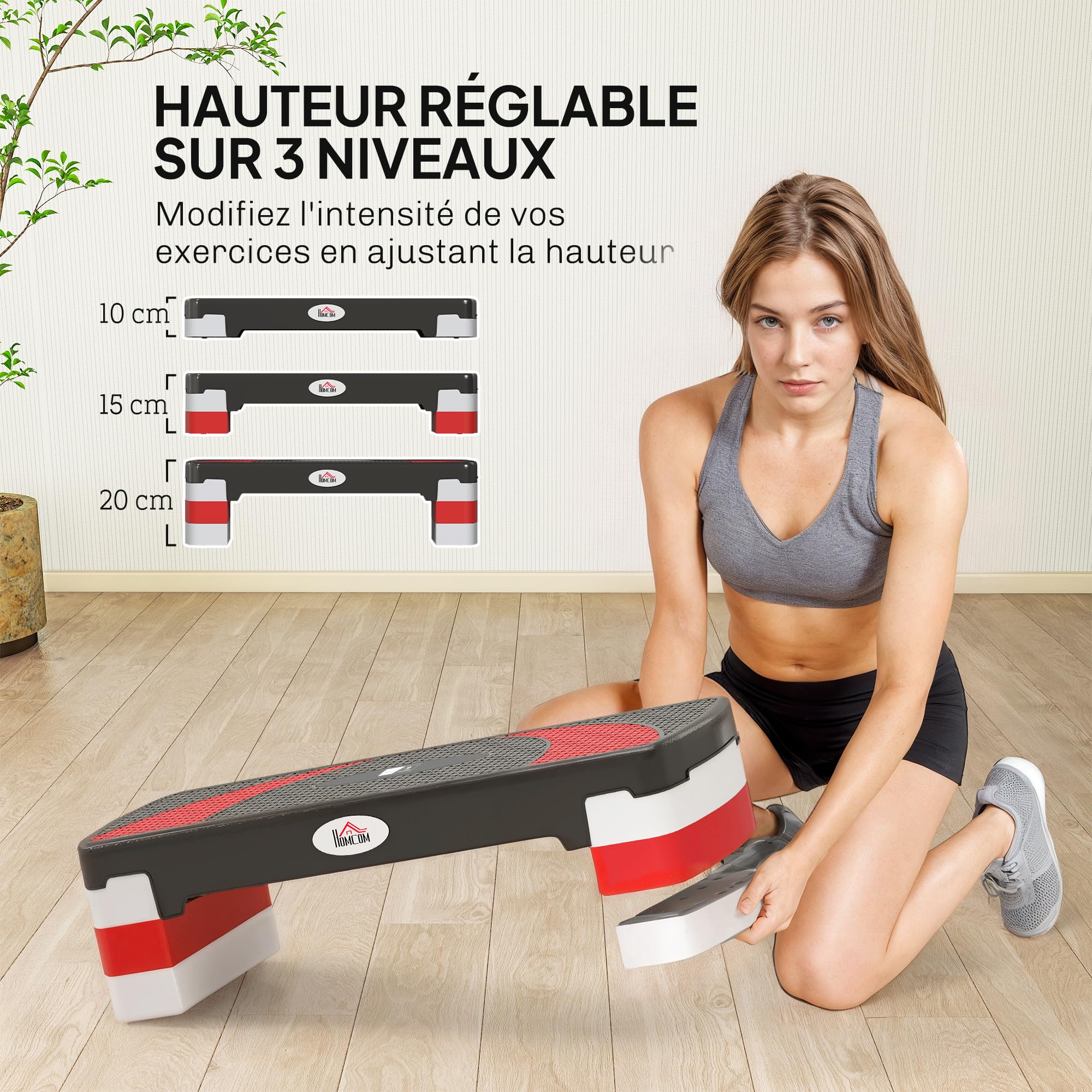 HOMCOM Stepper Fitness Aerobic - Aosom.fr x FFHandball - hauteur réglable 10/15/20 cm surface antiderapante en plastique 80 x 31 x 20 cm