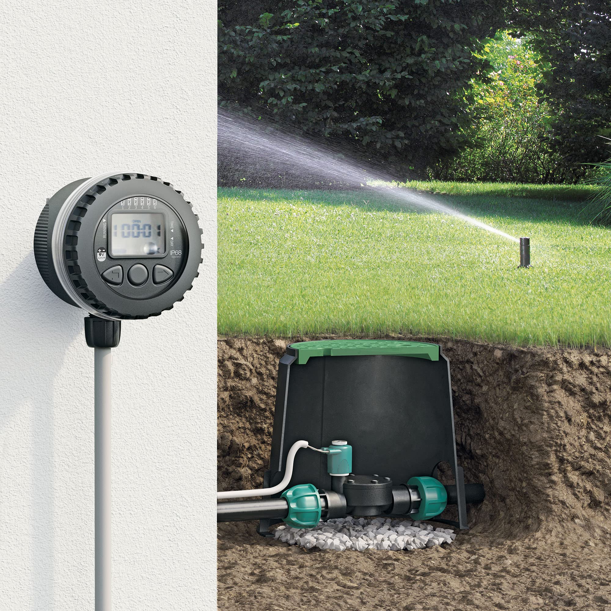 Claber Elettrovalvola programmabile, valvola con Programmatore per Sistema di irrigazione & 90500 Inter. POZZETTO Circolare, Nero/Arancione/Grigio, 29 x 25 cm