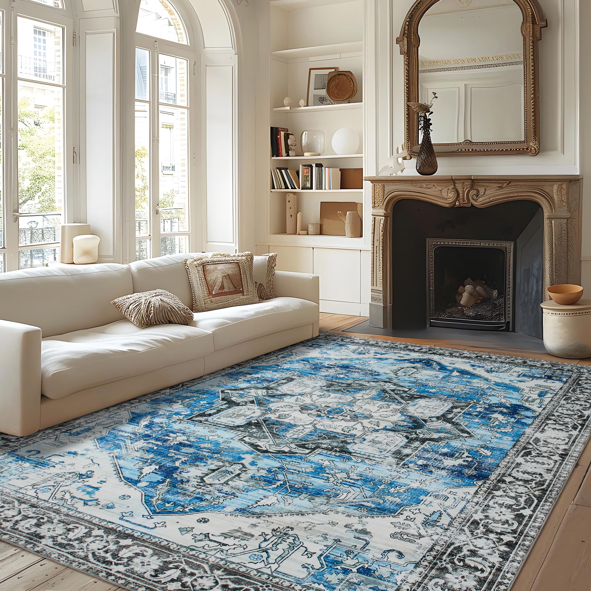Auemtyn Washable Area Rug 5x7, Blue Rug for Living Room, Non Slip Low Pile Carpet for Bedroom, Entryway (Patterned Blue, 5'x7')