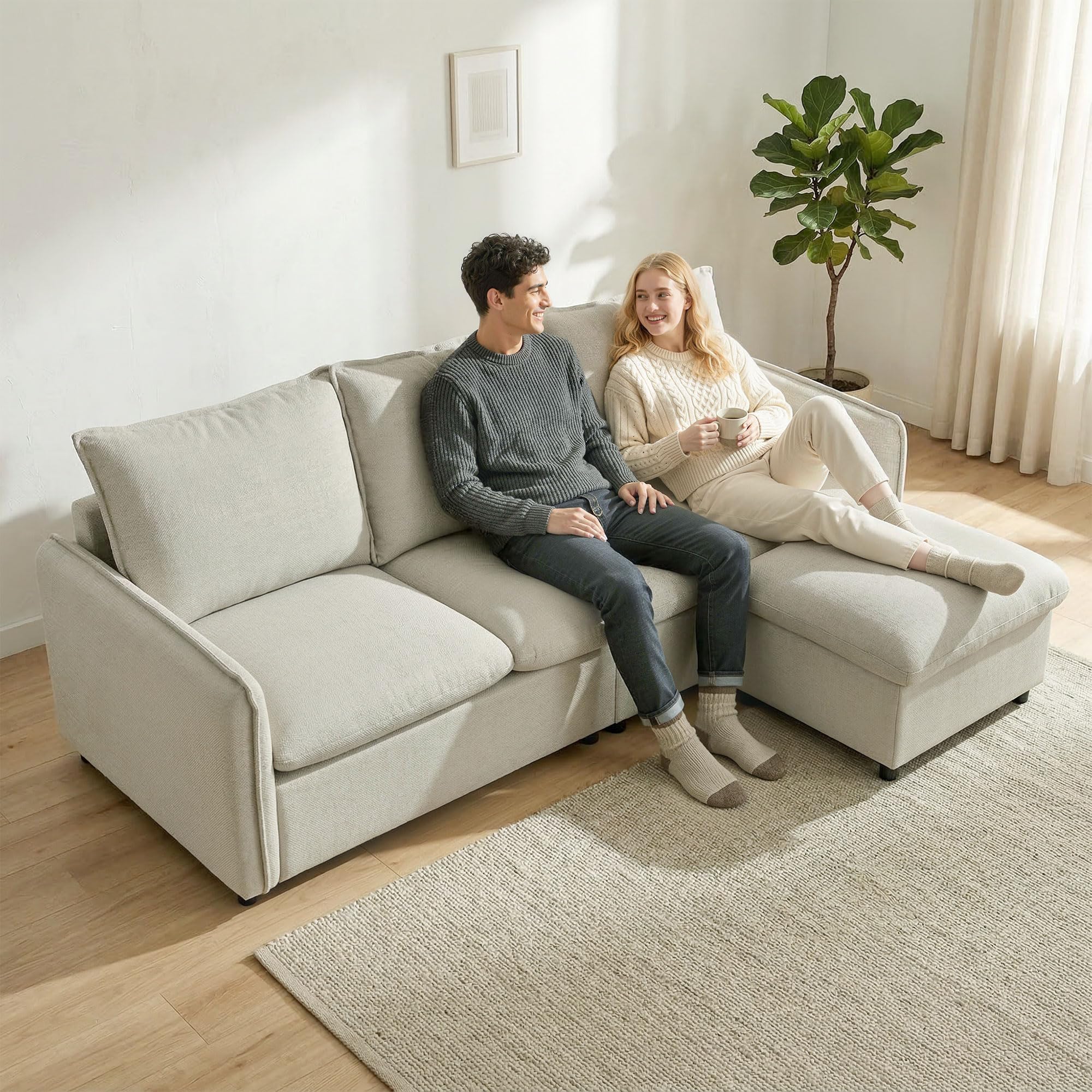 HOMCOM Divano a 3 posti con pouf portaoggetti divano angolare modulabile 212 cm, design moderno seduta imbottita cuscini a molle tessuto di lino per soggiorno, camera da letto, ufficio, crema