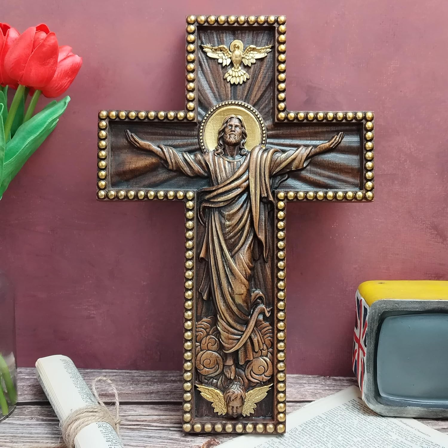 QIADGE Exquisitely Carved Ascension of Jesus Cross, Vintage Religious Wooden Statue, Wall Hanging or Tabletop Home Decor (13.7 * 10.7 in)