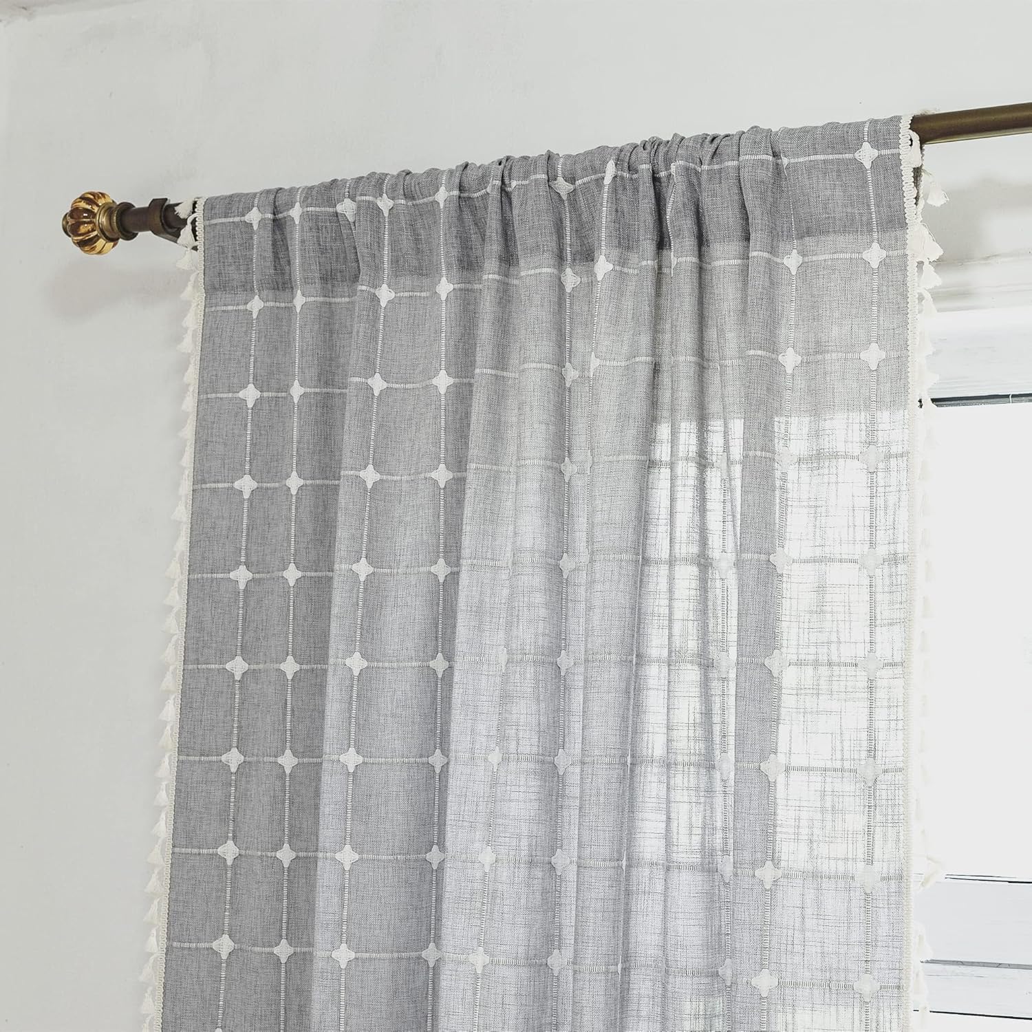 Deeprove Boho Curtains 96 Inches Long for Bedroom Kitchen, Cotton Linen Gray Plaids Embroidered Semi Blackout Bohemian Farmhouse Window Treatment Grids Drape Tassels, 1 Panel W52 x L96 Grey