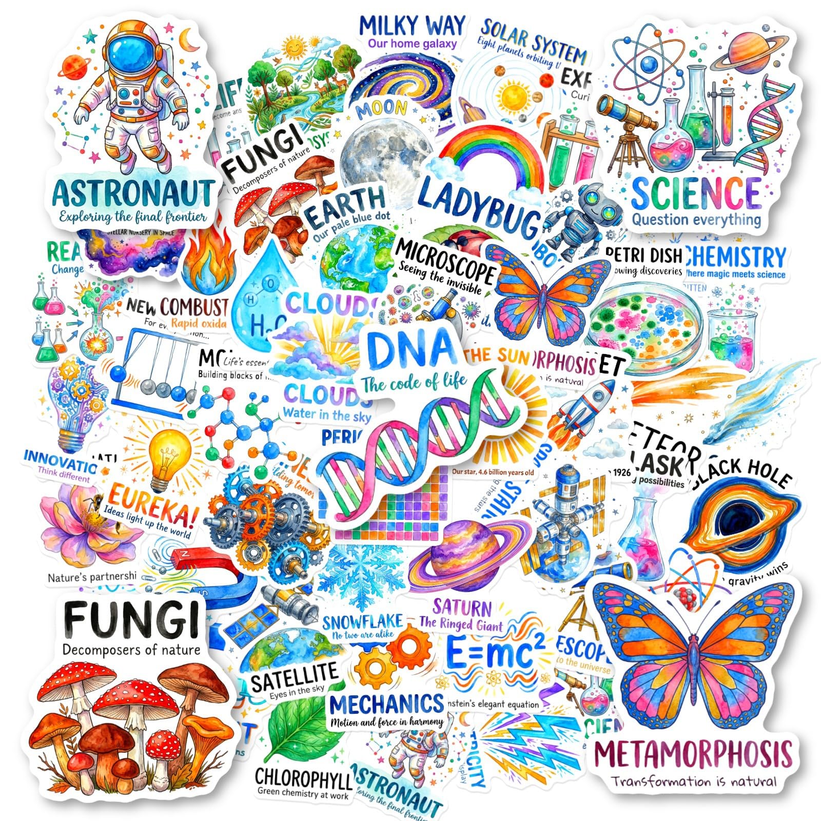 Pack of 50 Watercolour Science Learning Stickers Waterproof Self-Adhesive