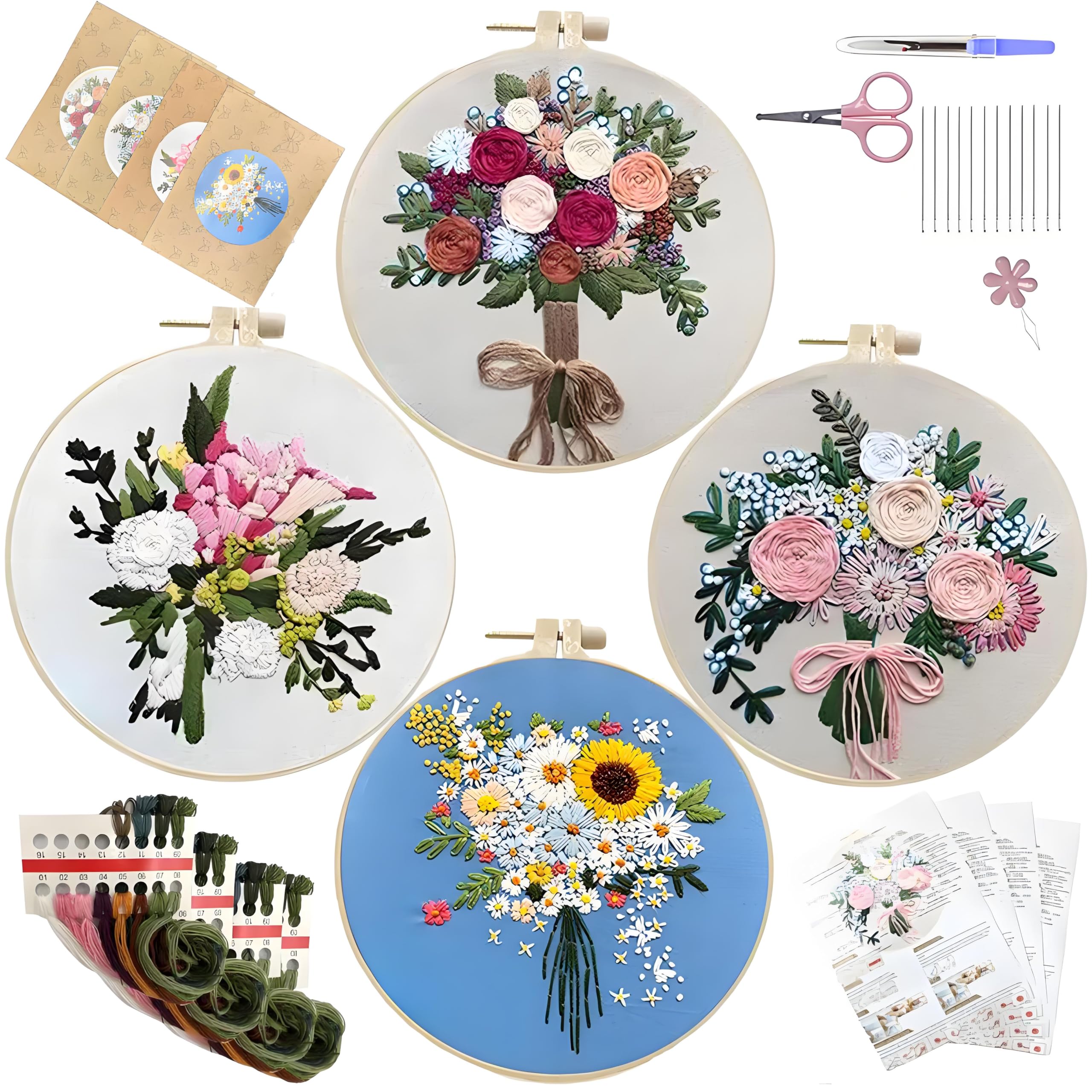 QOWMMYID 4 PCS Flowers Embroidery Kits for Adults, Hand DIY Cross Stitch Kits Needlepoint Kits Crafts for Beginners Easy-to-Follow Operating Instructions with Hoop Threads and Flowers Patterns (4PCS)