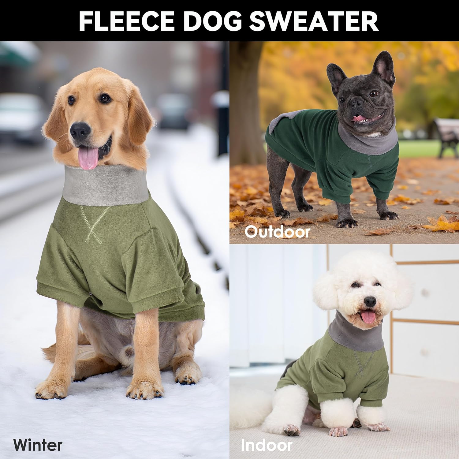 cyeollo 2 Pack XX-Large Dog Sweater, Warm Fleece Dog Sweaters for Medium to Large Dogs Boy Girl Soft Turtleneck Strechy Dogs Sweatshirt, Winter Clothes, Green & Blackish Green 2XL