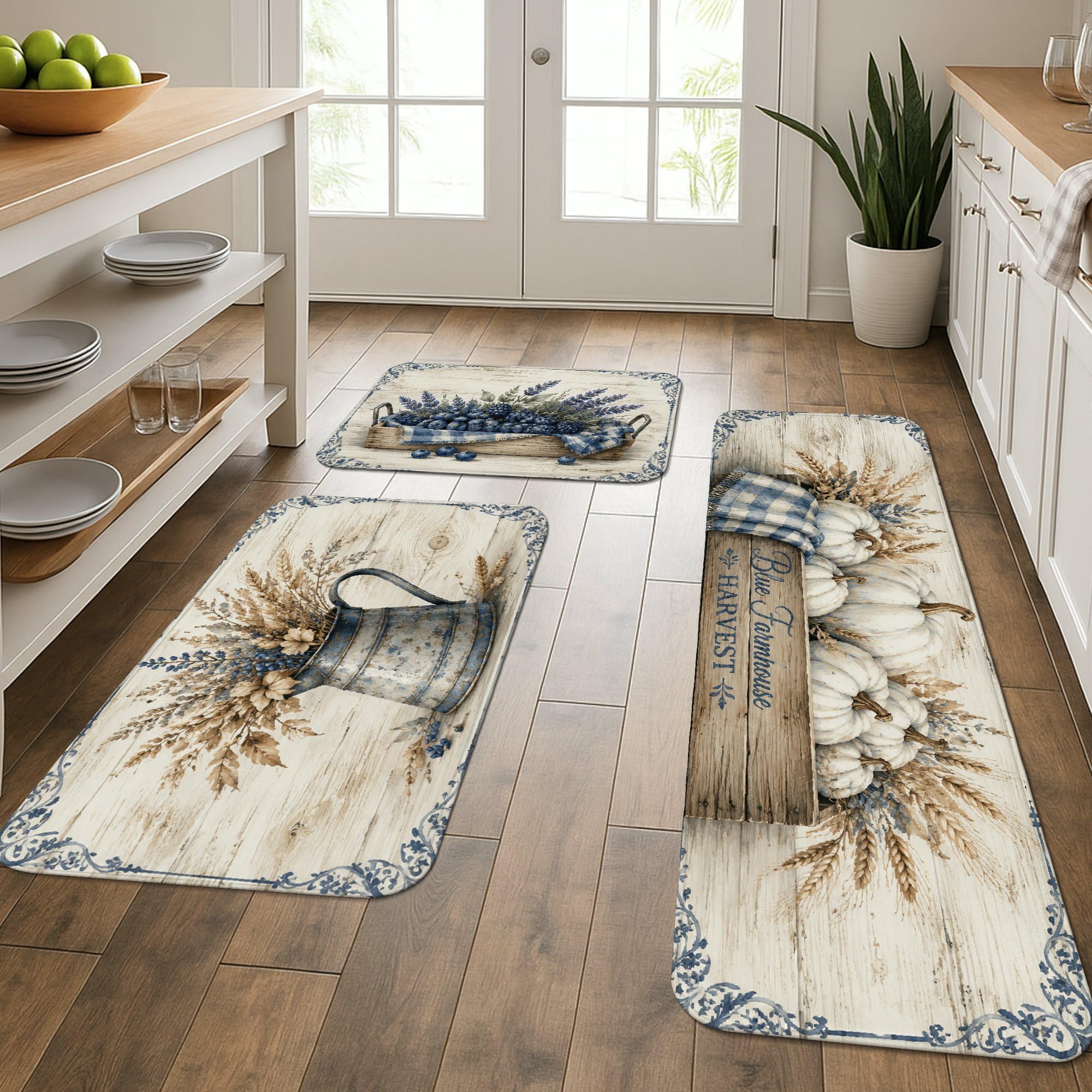 Tapis de cuisine haut de gamme lot de 3 au design raffiné bois d'automne et fleurs