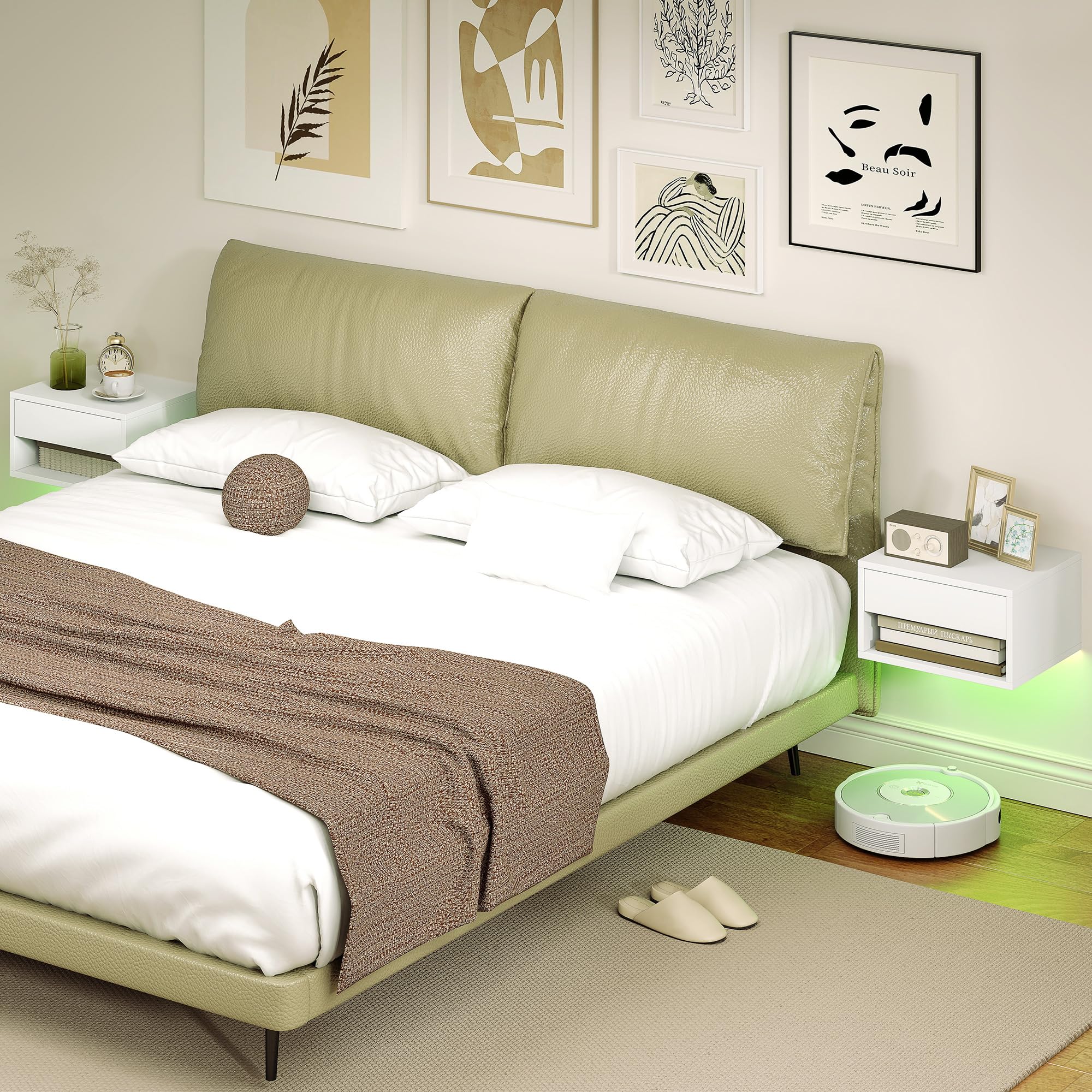 HOMCOM Set di 2 Comodini Camera da Letto Sospesi, Bianco | Coppia di Comodini Moderni, Luci LED RGB Integrate, Regolabili Tramite APP, Cassetto, Ripiano, 37x32x21 cm