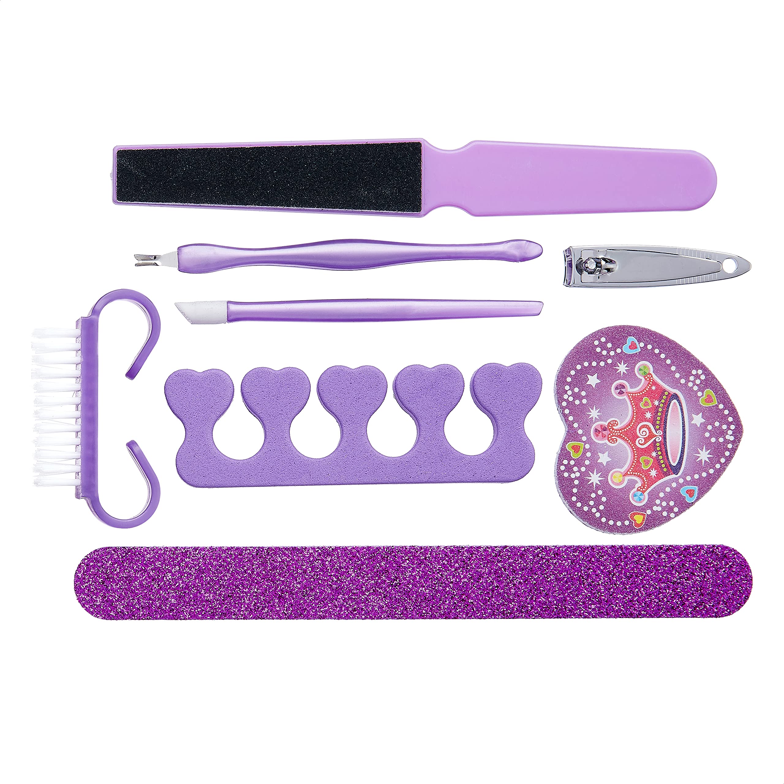 Amazon Brand - Solimo Manicure and Pedicure Kit with Brush, Nail Clipper, Swab, Two Nail Files, Toe Separator, Dead Skin Claw and Foot Grinder, Purple, Pack of 8
