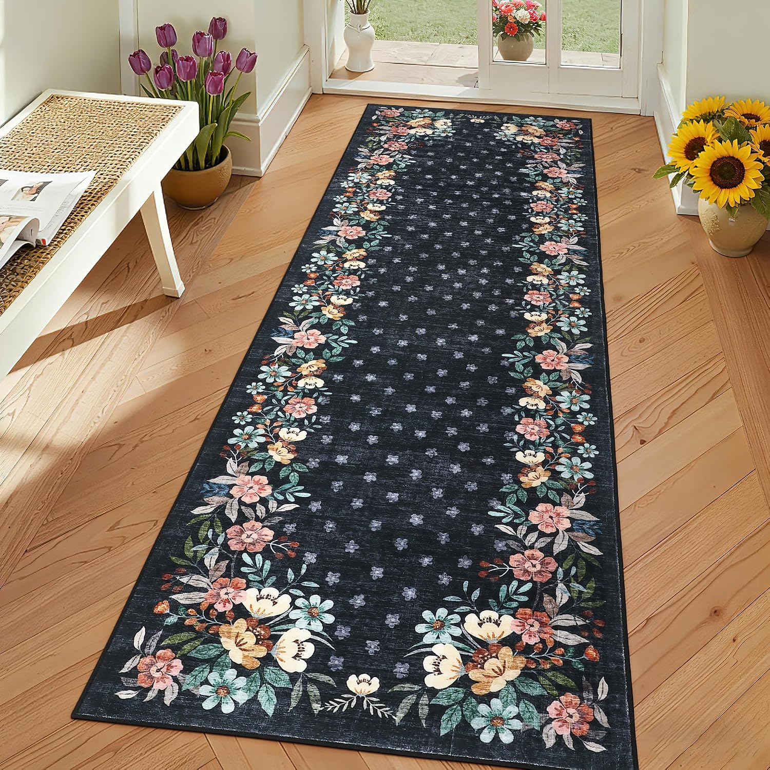 IDEALHOUSE Black Floral Runner Rug 2x6, Washable Kitchen Rug with Non-Slip Backing, Low-Pile Carpet for Hallway, Bedroom, Living Room