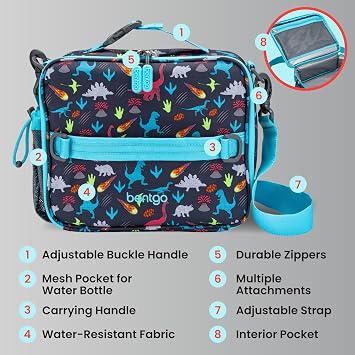 Bentgo Kids Prints Double-Insulated Reusable Lunch Bag | For Kids 3+, Adjustable Strap; Holds Lunch Box/Water Bottle/Snacks; Easy-Clean, Water-Resistant, Pockets (Dinosaur)