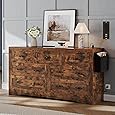DWVO Farmhouse 7 Drawer Dresser for Bedroom, 31.5 Inch Tall Modern Dresser TV Stand with Large Drawers & Bar Handles, Storage Dressers with Power Outlets, Rustic Wood Chest of Drawers, Blue