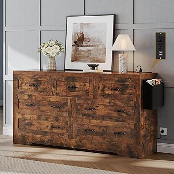 DWVO Farmhouse 7 Drawer Dresser for Bedroom, 31.5 Inch Tall Modern Dresser TV Stand with Large Drawers & Bar Handles, Storage Dressers with Power Outlets, Rustic Wood Chest of Drawers, Blue