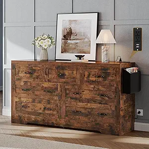 DWVO Farmhouse 6 Drawer Dresser for Bedroom, 59" Wide Modern Dresser TV Stand with Large Drawers & Bar Handles, Storage Dressers with Power Outlets, Rustic Wood Chest of Drawers, Rustic Brown