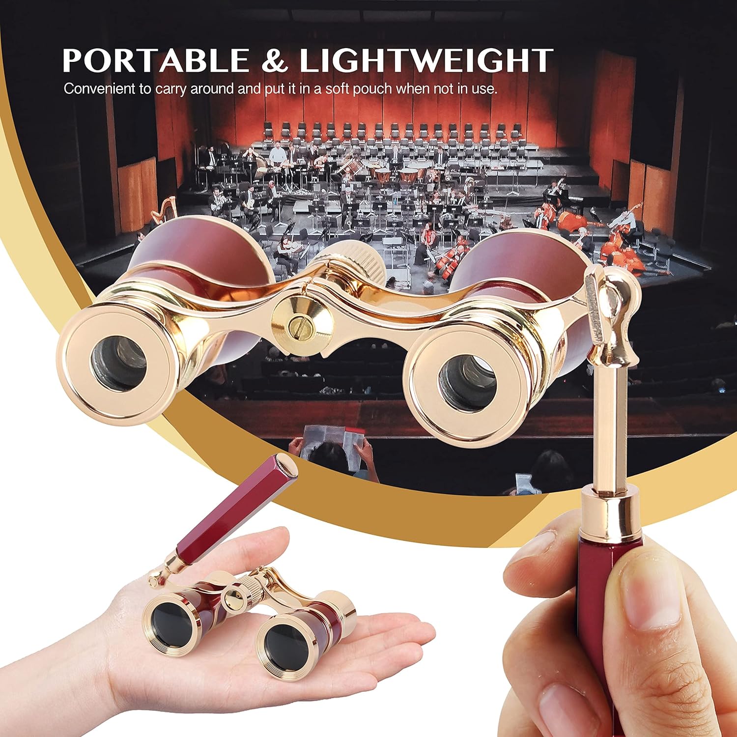Yourelexit® Opera Glasses Binoculars Lorgnette Theater Optical Glasses Mini Compact Lightweight Built-in Foldable Adjustable Handle with Chain Vintage for Adults Kids Women in Musical Concert Cinema