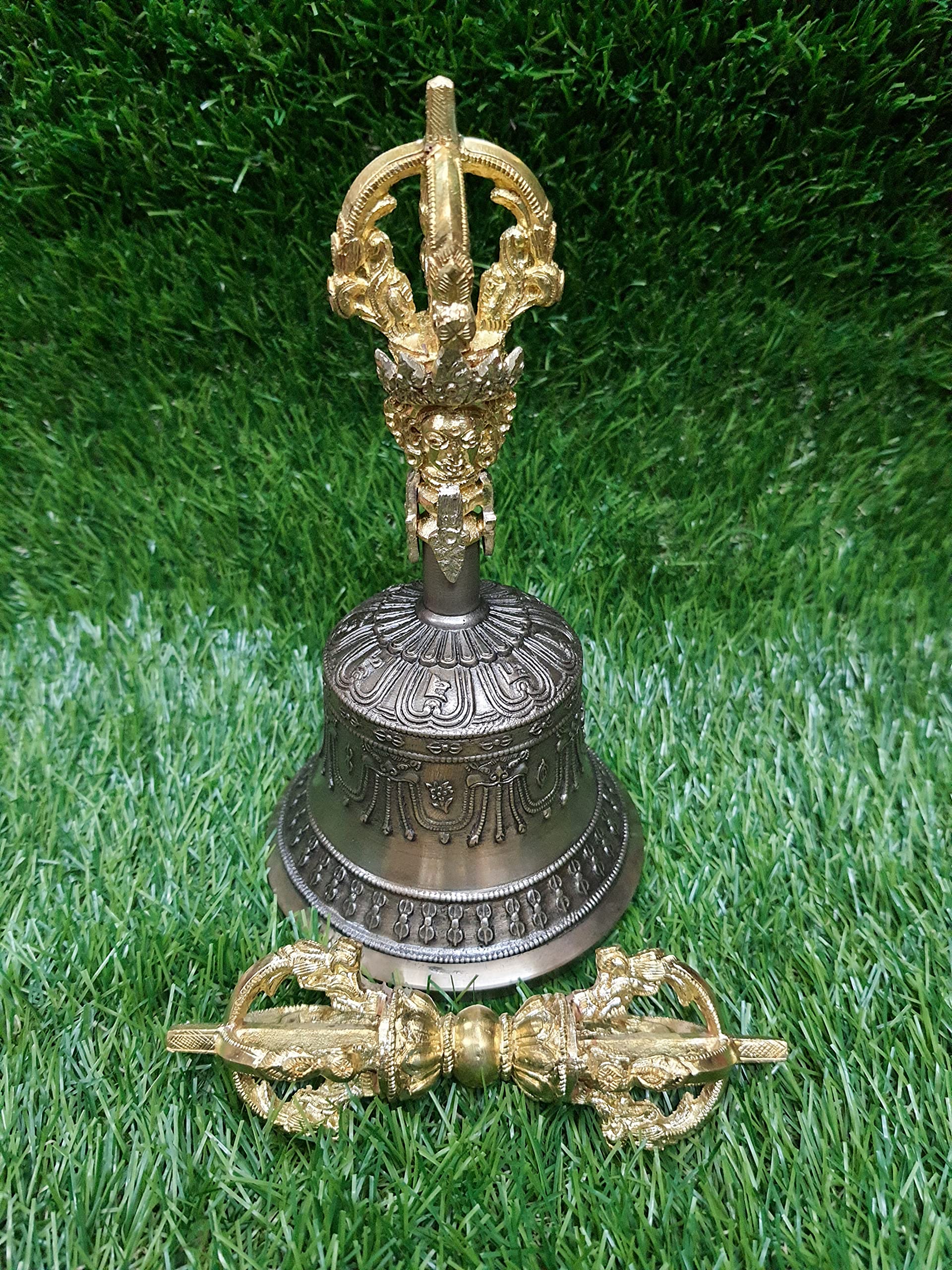 NIM Bronze Metal Special 9 Prong Bell and Dorjee in 8x4 Inch with Very Fine Handmade Work Peaceful and Long Lasting Sound an Ideal Pooja Gift