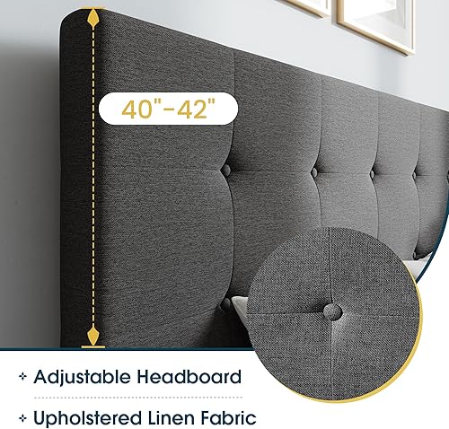 Miniatura 48 de WEEWAY Base de cama de plataforma tamaño Queen con 4 cajones de almacenamiento, cabecera capitonada con botones de costura de diamante, base de