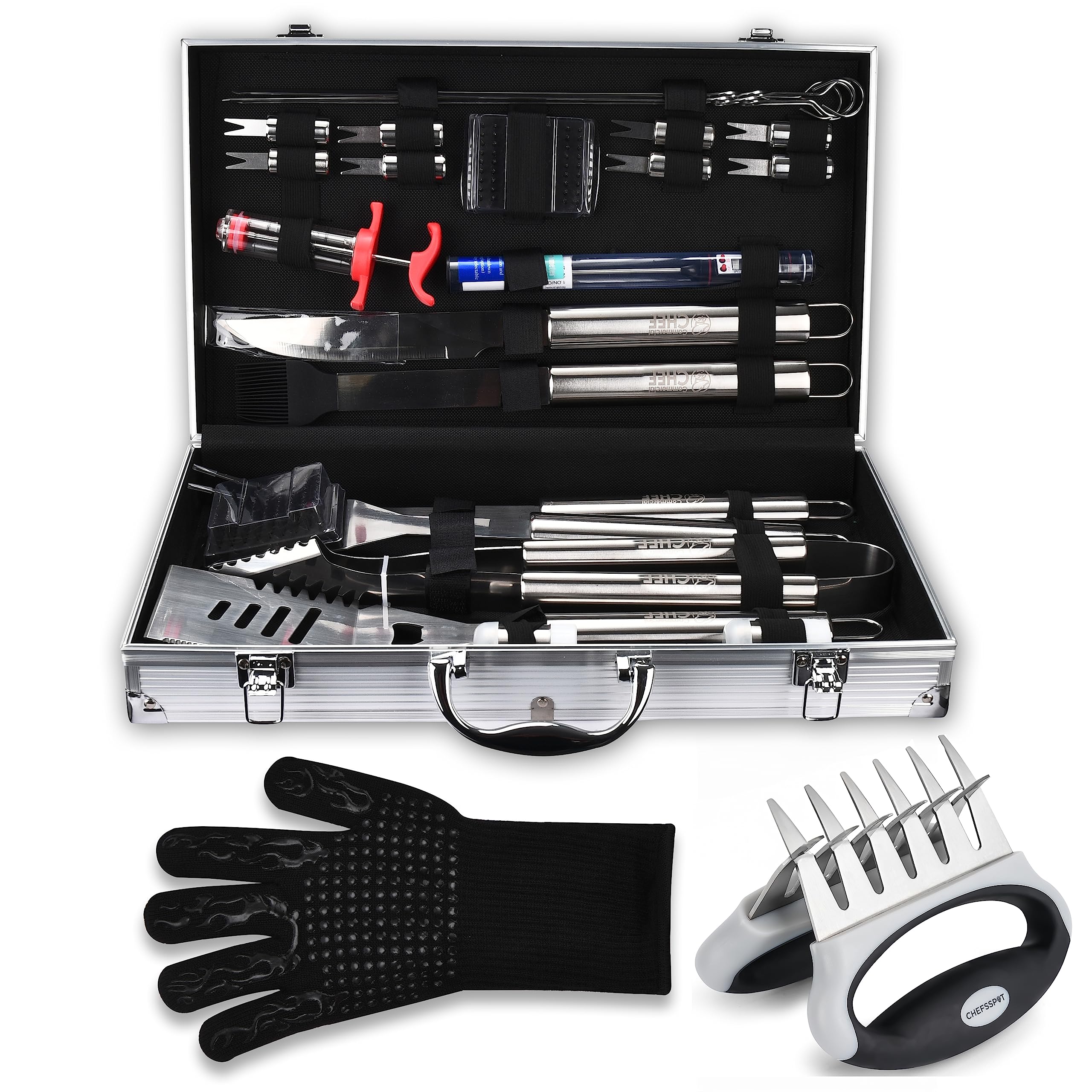 Commercial Chef 25 Piece Barbeque Grill Accessories + CHEFSSPOT Meat Shredder Claws with Ultra-Sharp Blades