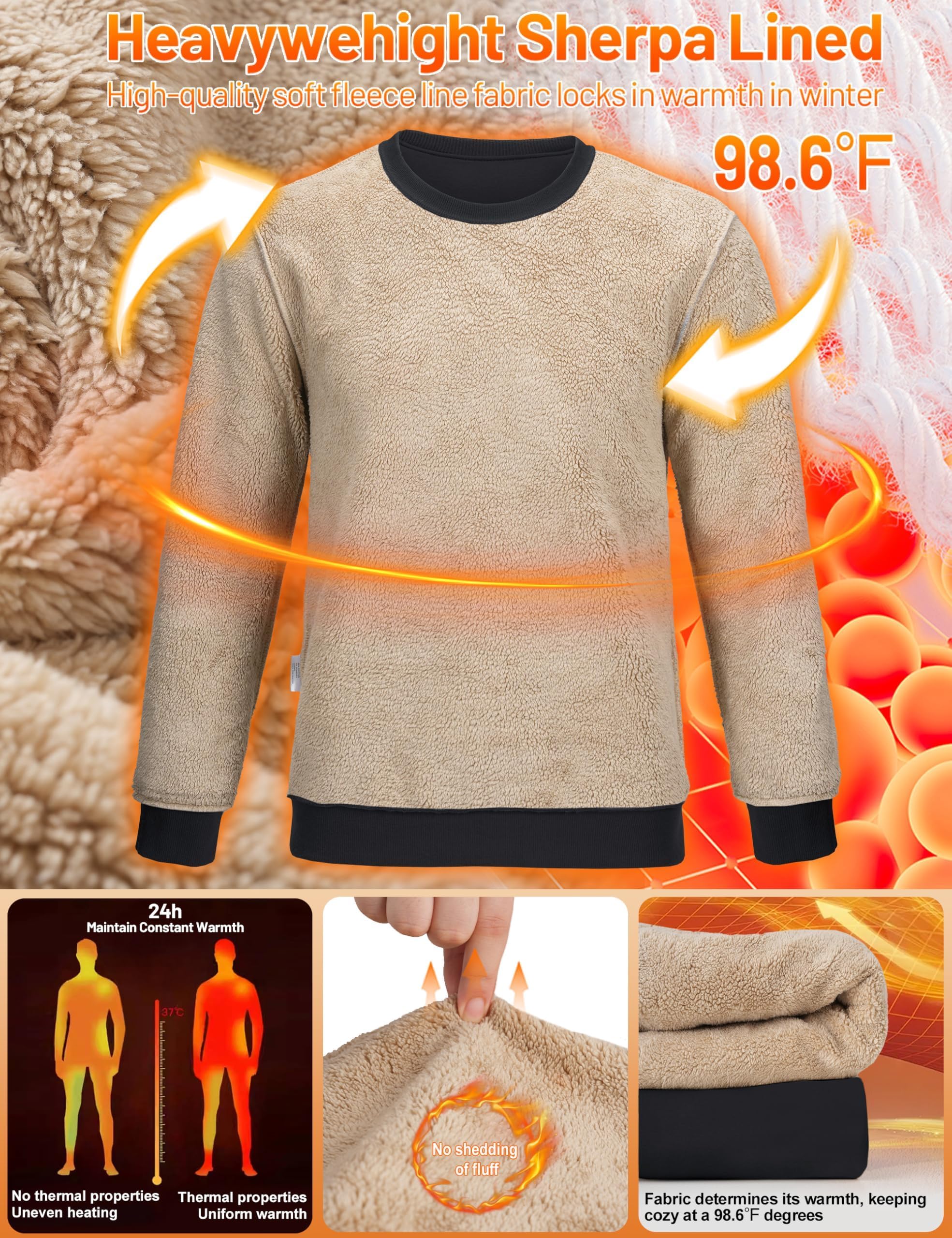 TACVASEN Hombres Cuello Redondo Sudadera Invierno Pullover Cálido Forro Polar Sherpa Sudadera Manga Larga