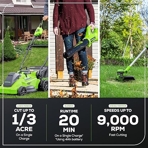 Miniatura 5 de Greenworks Cortacésped inalámbrico sin escobillas de 40 V y 16 pulgadas (empuje) + soplador (350 CFM) + recortadora de cuerda de 13 pulgadas
