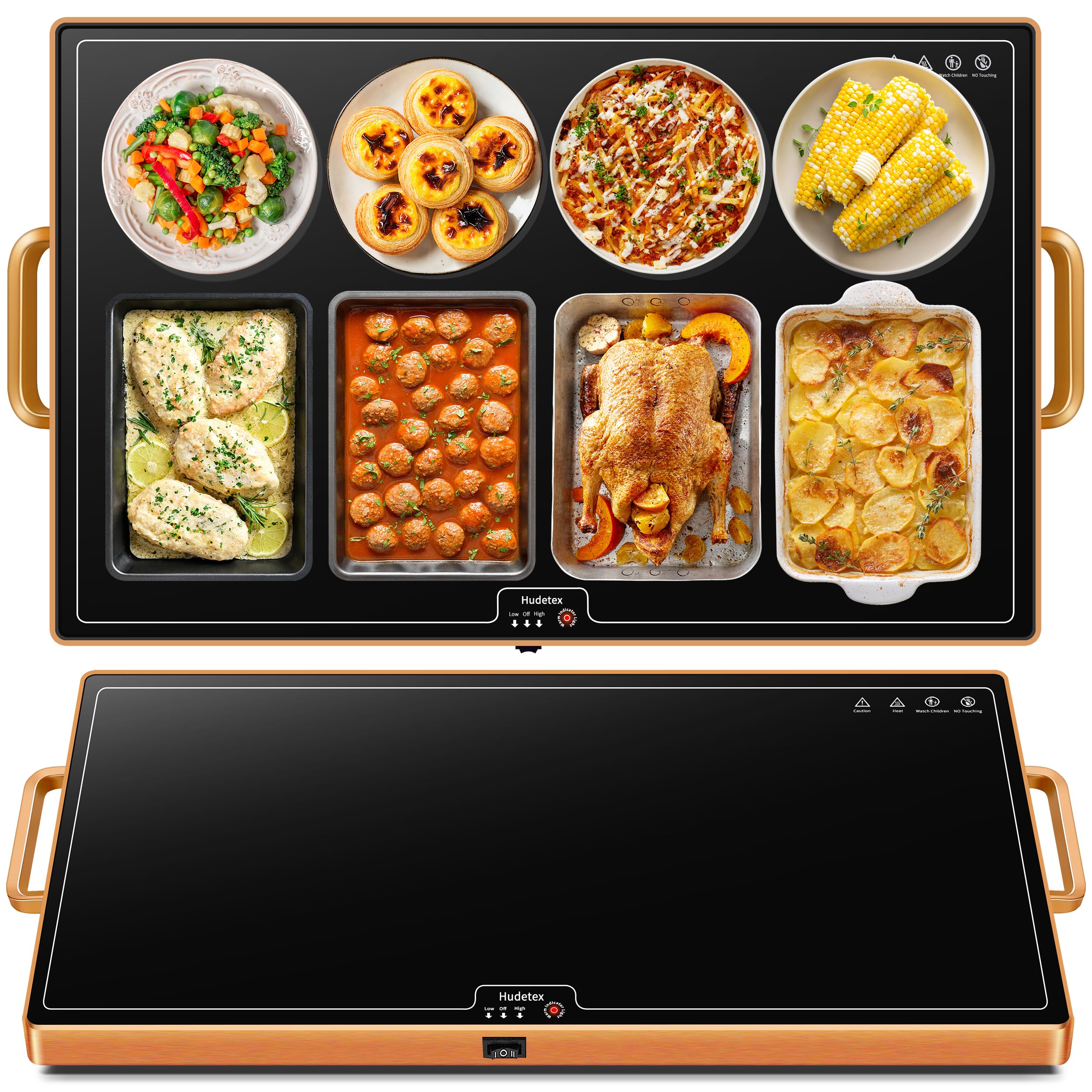 warming mat for food (xxl32 x18), warming trays for buffets party and daily use, temperature control food warmer, full surface tempered glass top heating food warming mat, black electric warming tray
